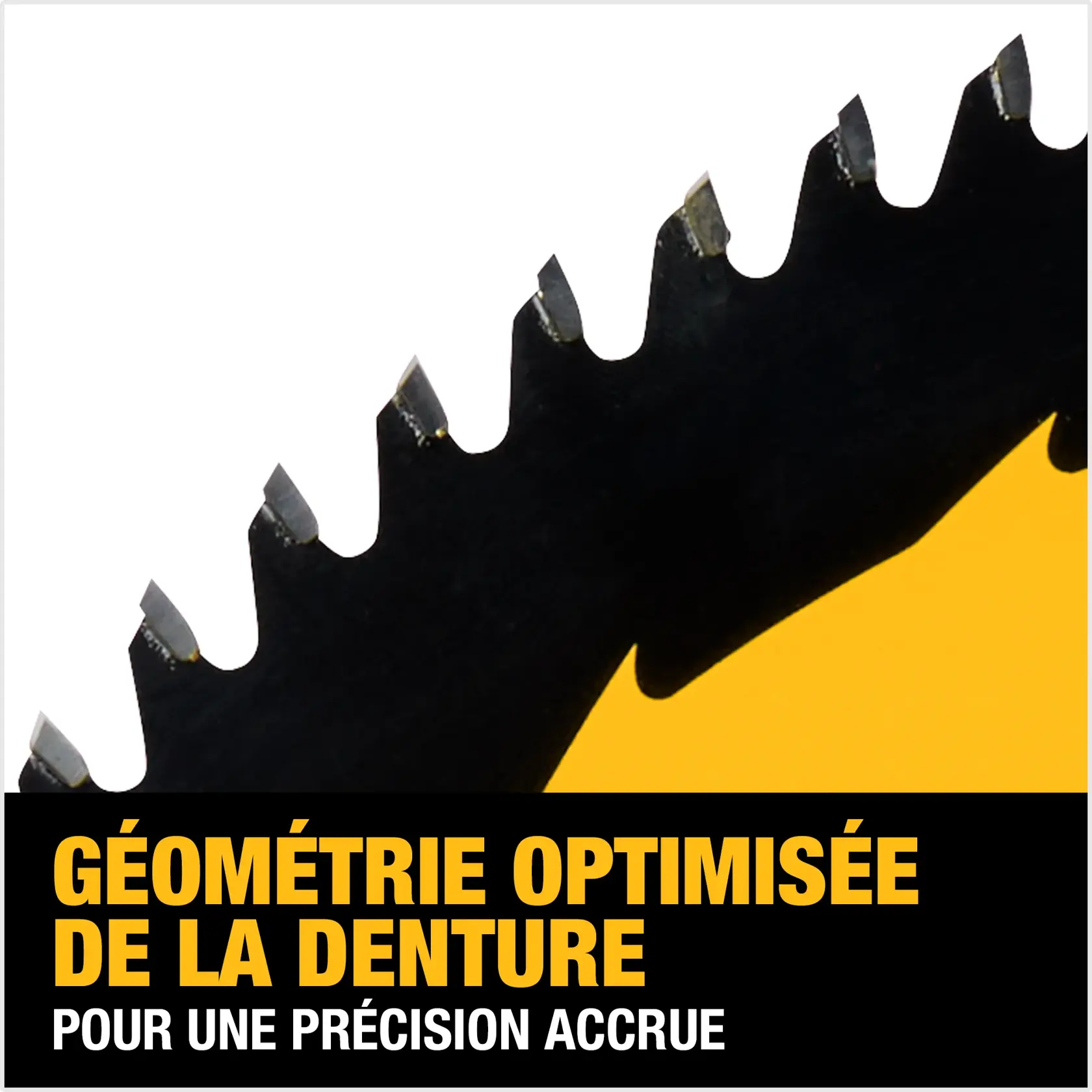 A DEWALT 12-inch (305 mm) saw blade in its yellow packaging. The blade is labeled for ultra fine finish and has 100 carbide-tipped teeth, designed for wood cutting. The packaging highlights its suitability for trim, panel, and sheet goods. Product details and safety icons are visible.