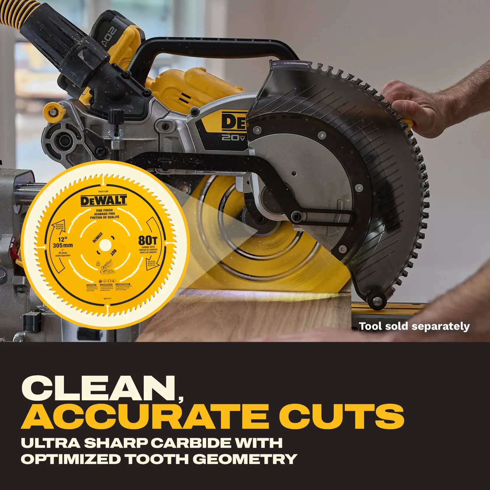 A DEWALT 12-inch, 80-tooth carbide saw blade is shown highlighted in front of a miter saw cutting wood. The text promotes clean, accurate cuts due to ultra sharp carbide and optimized tooth geometry. Note indicates the tool is sold separately.