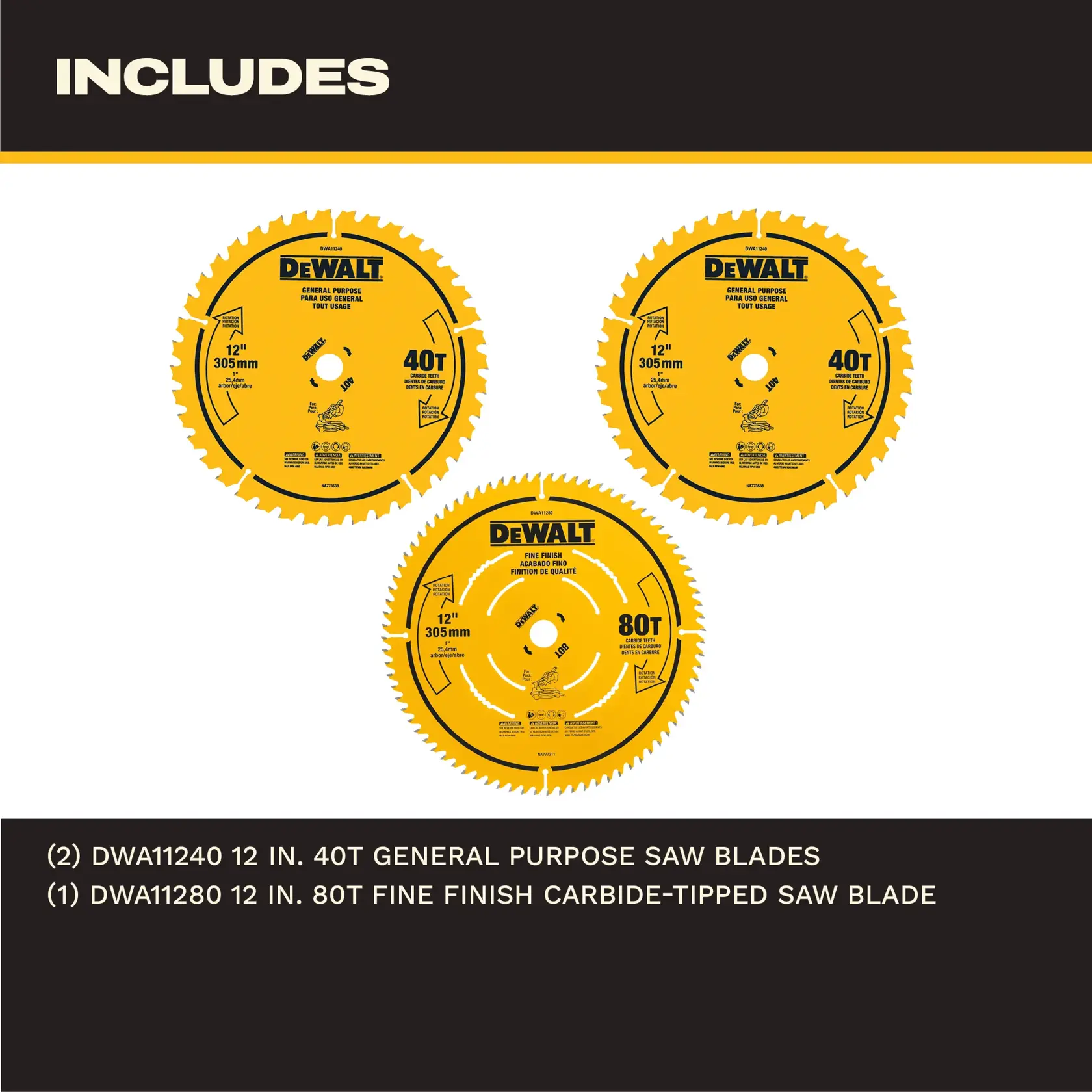 Image shows three DEWALT saw blades. Two blades are labeled as 12 inch, 40-tooth general purpose saw blades, and one blade is labeled as a 12 inch, 80-tooth fine finish carbide-tipped saw blade. The bottom section lists the included items: two DWA11240 12 in. 40T general purpose saw blades and one DWA11280 12 in. 80T fine finish carbide-tipped saw blade.