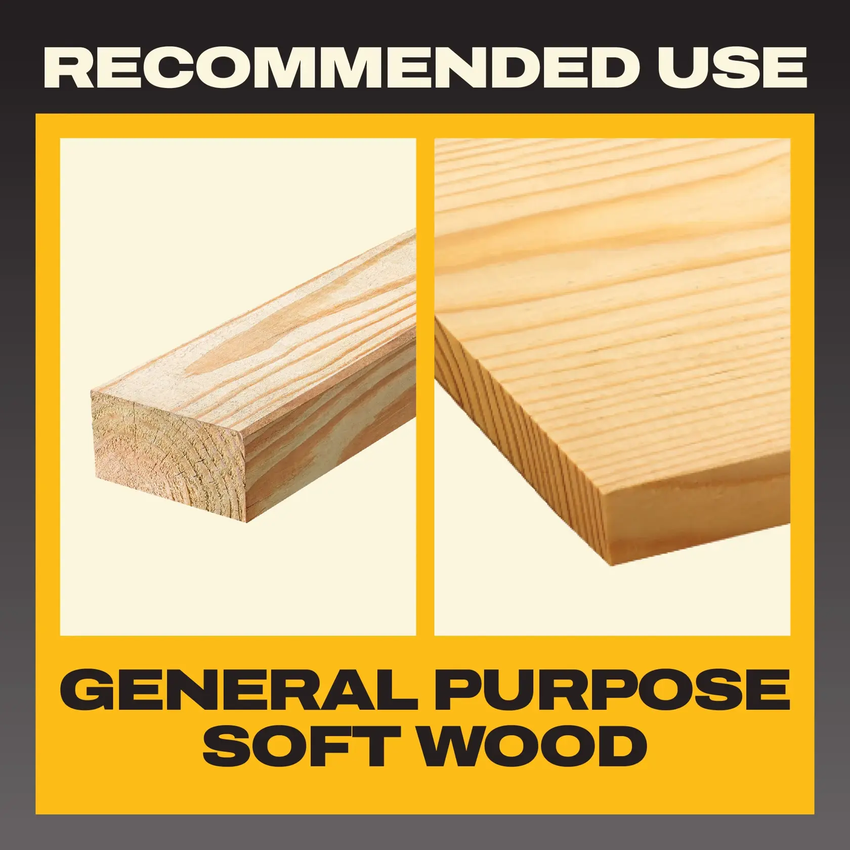 A graphic image showing two pieces of soft wood, one as a rectangular beam and the other as a flat board, labeled with 'Recommended Use' and 'General Purpose Soft Wood.' The design features a yellow border and bold text indicating suitability for general use with soft wood.