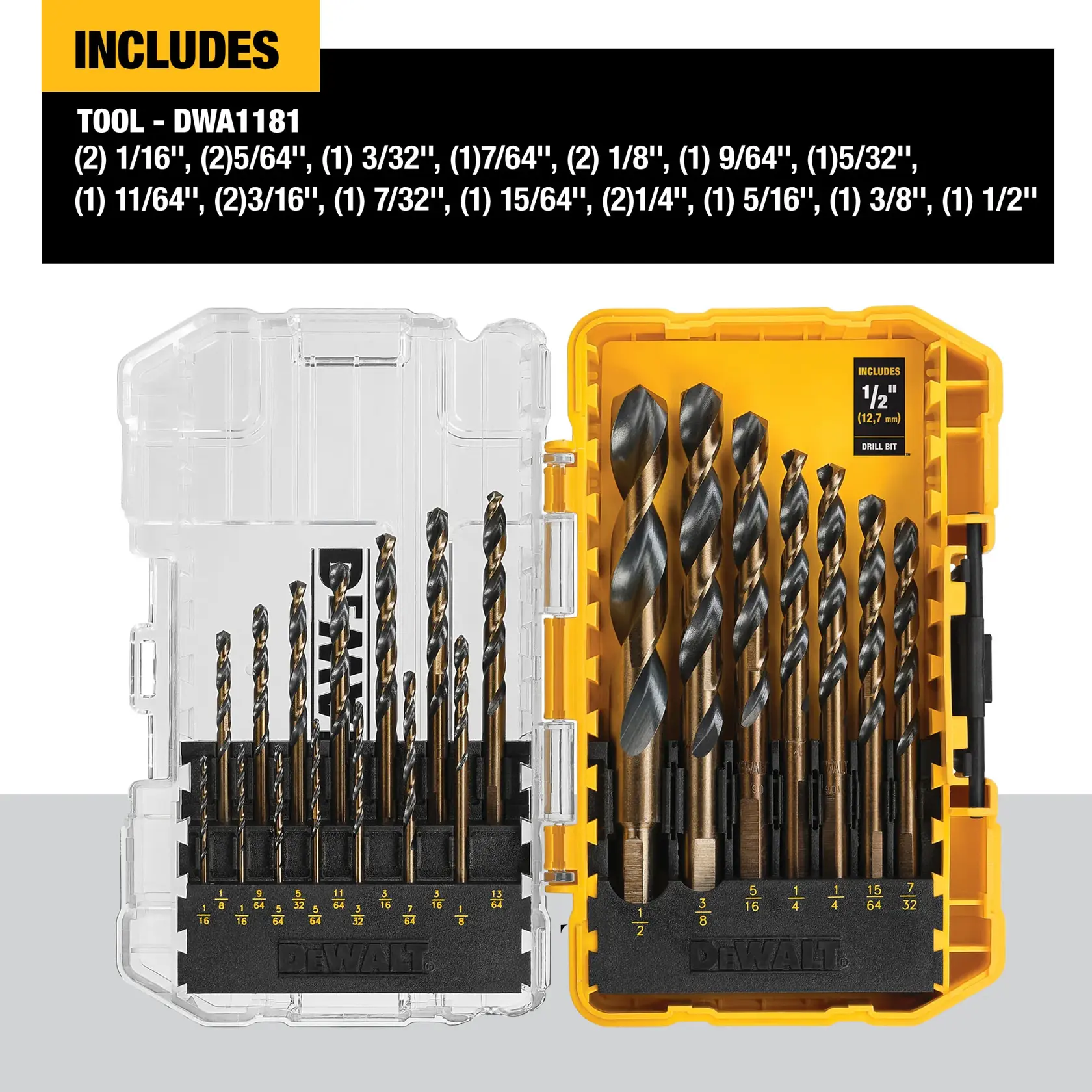 DEWALT DWA1181 drill bit set with a transparent and yellow carrying case, shown open to display fifteen assorted drill bits in various sizes, organized and labeled. The image includes a list of the sizes included in the set.