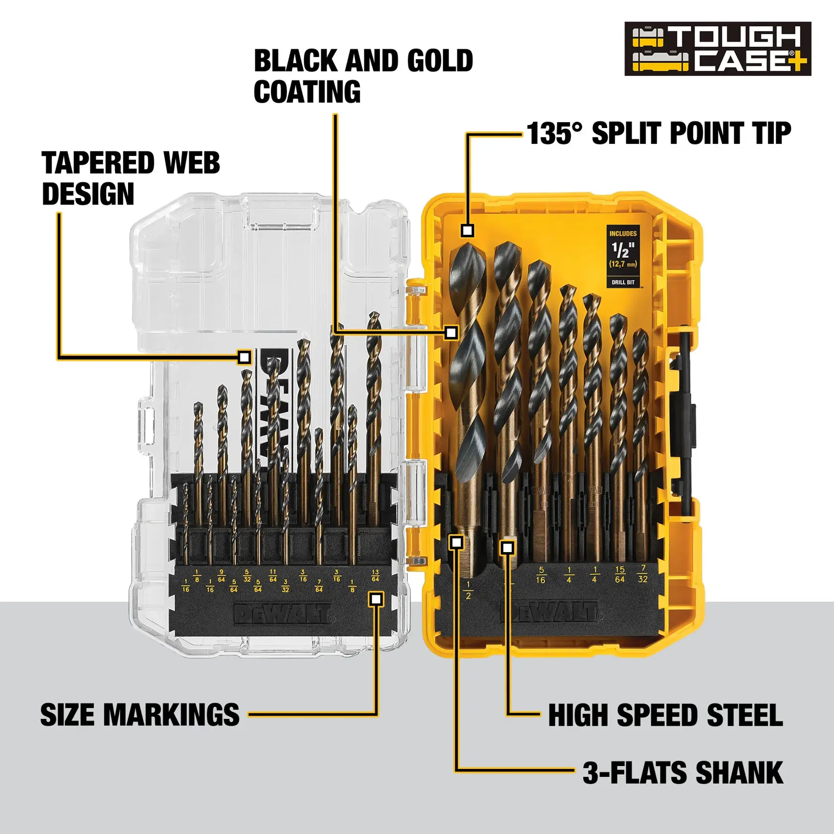 DEWALT DWA1181 drill bit set in a tough plastic case, displaying fifteen drill bits with size markings. Key features highlighted include tapered web design, black and gold coating, 135-degree split point tip, high speed steel construction, and 3-flats shank.