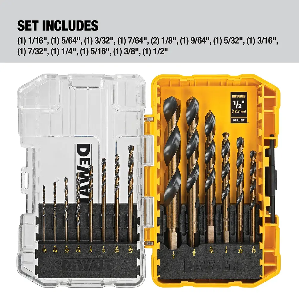 DEWALT drill bit set, SKU DWA1184, in a yellow and clear plastic case, with drill bits of various sizes neatly organized in two rows. Text above lists included sizes: 1/16'', 5/64'', 3/32'', 7/64'', 1/8'' (x2), 9/64'', 5/32'', 3/16'', 7/32'', 1/4'', 5/16'', 3/8'', and 1/2''.