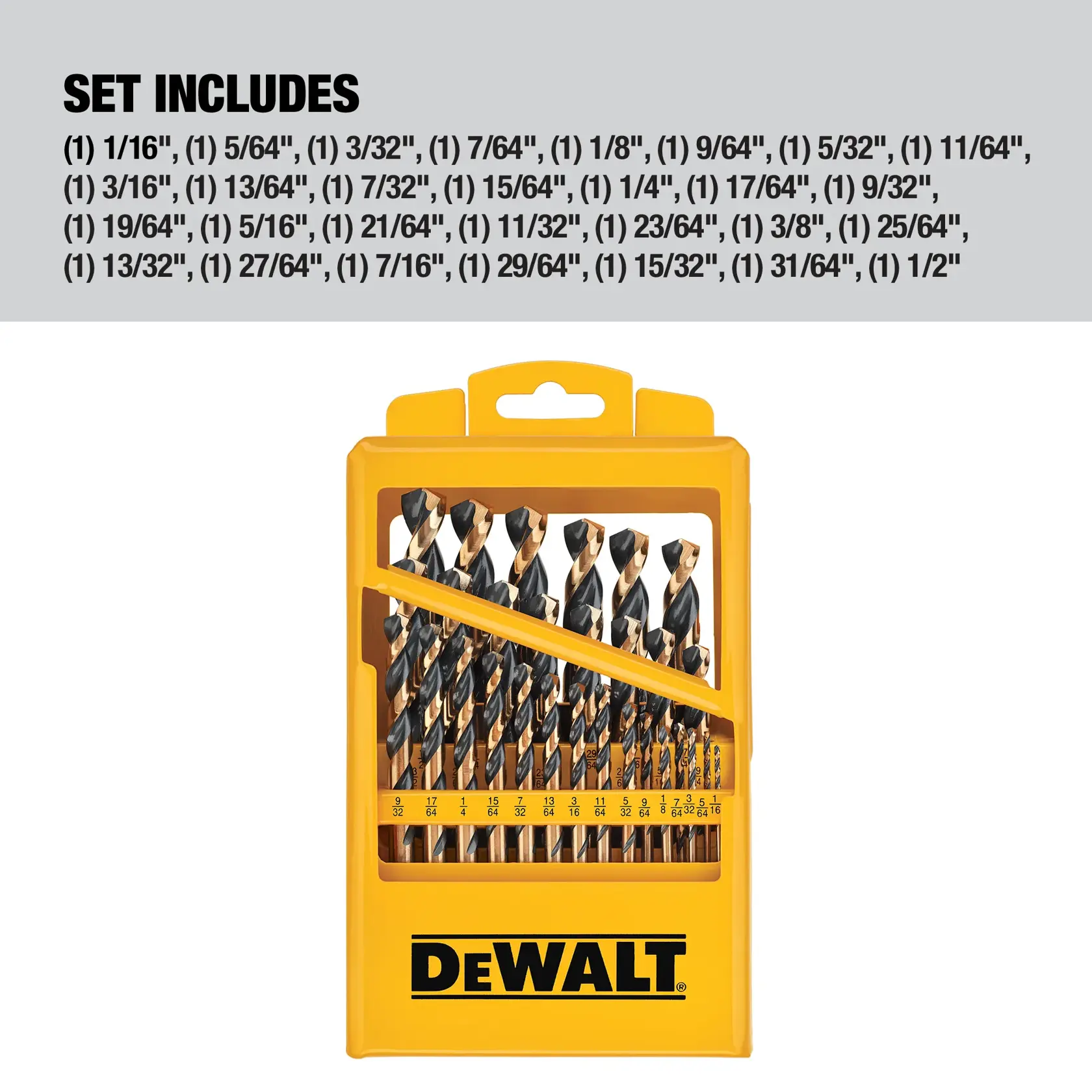 DEWALT branded yellow plastic case containing a set of black and gold drill bits of various sizes, arranged in a row. Text above lists the set includes 29 drill bits ranging from 1/16 inch to 1/2 inch in incremental sizes.