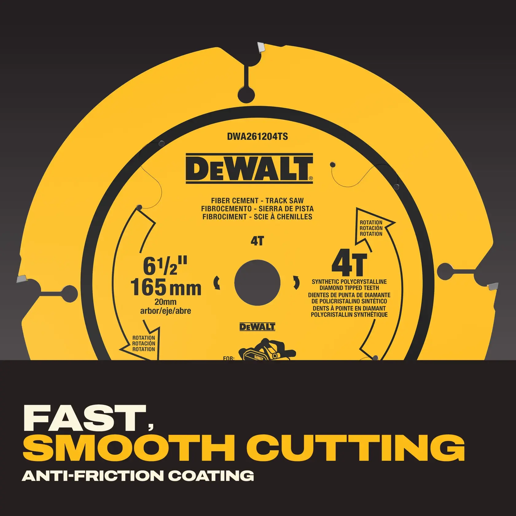 Lame de scie à chenilles pour fibrociment DEWALT, modèle DWA261204TS. La lame est jaune avec du texte noir, d'un diamètre de 165 mm (6,5 pouces) et un alésage de 20 mm. Caractéristiques : 4 dents à pointe en diamant polycristallin synthétique pour une coupe rapide et fluide, avec un revêtement anti-friction. Adaptée à la coupe de fibrociment avec des scies à chenilles.