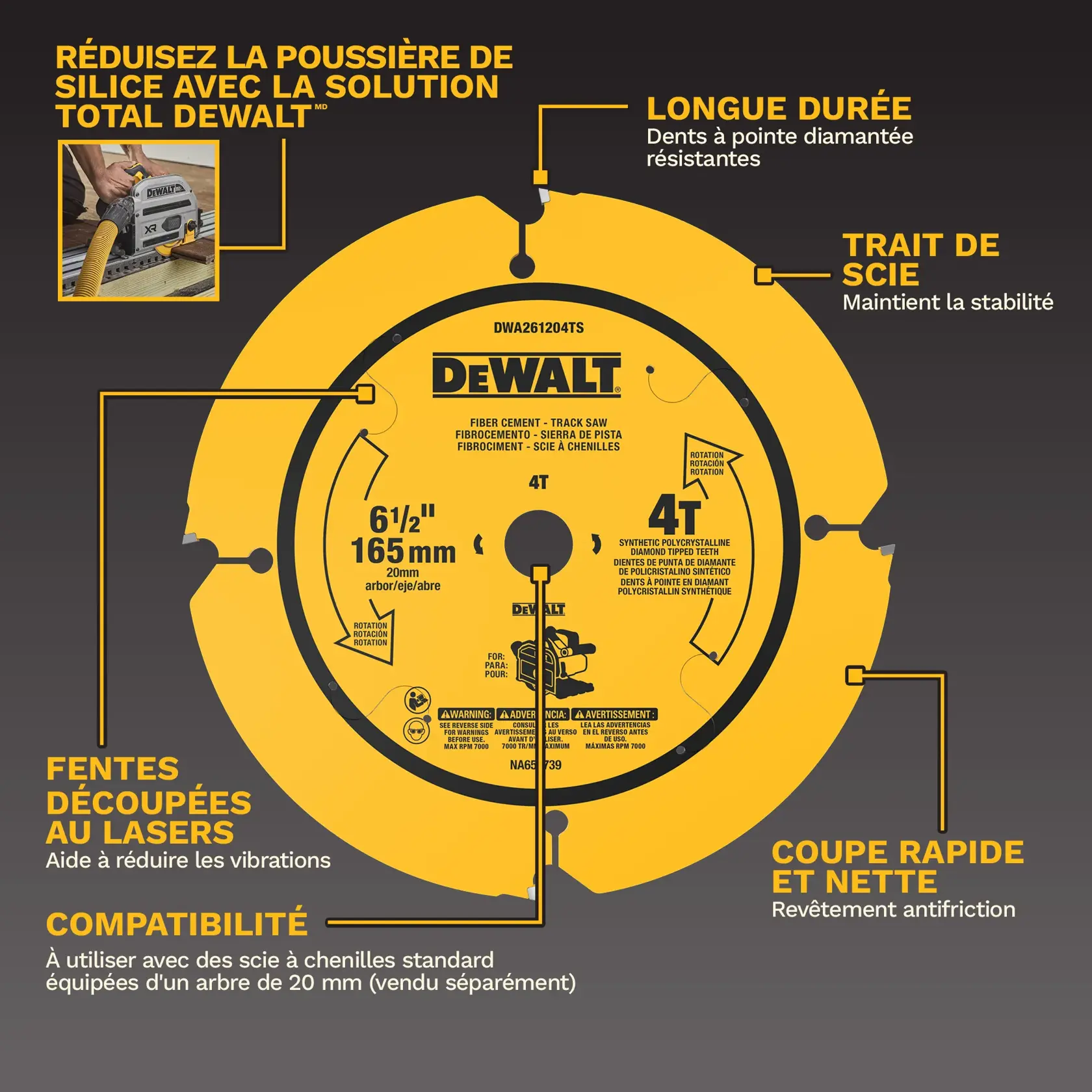 Graphique montrant une lame de scie à piste en fibrociment DEWALT de 165 mm (6 1/2 pouces) avec ses caractéristiques mises en avant. Les caractéristiques incluent la réduction de la poussière de silice avec une solution DEWALT, des dents à pointe diamantée durables, une épaisseur de lame pour maintenir la stabilité, des fentes découpées au laser pour minimiser les vibrations, la compatibilité avec des scies à piste standard utilisant un arbre de 20 mm, et une coupe rapide et fluide grâce à un revêtement anti-friction.