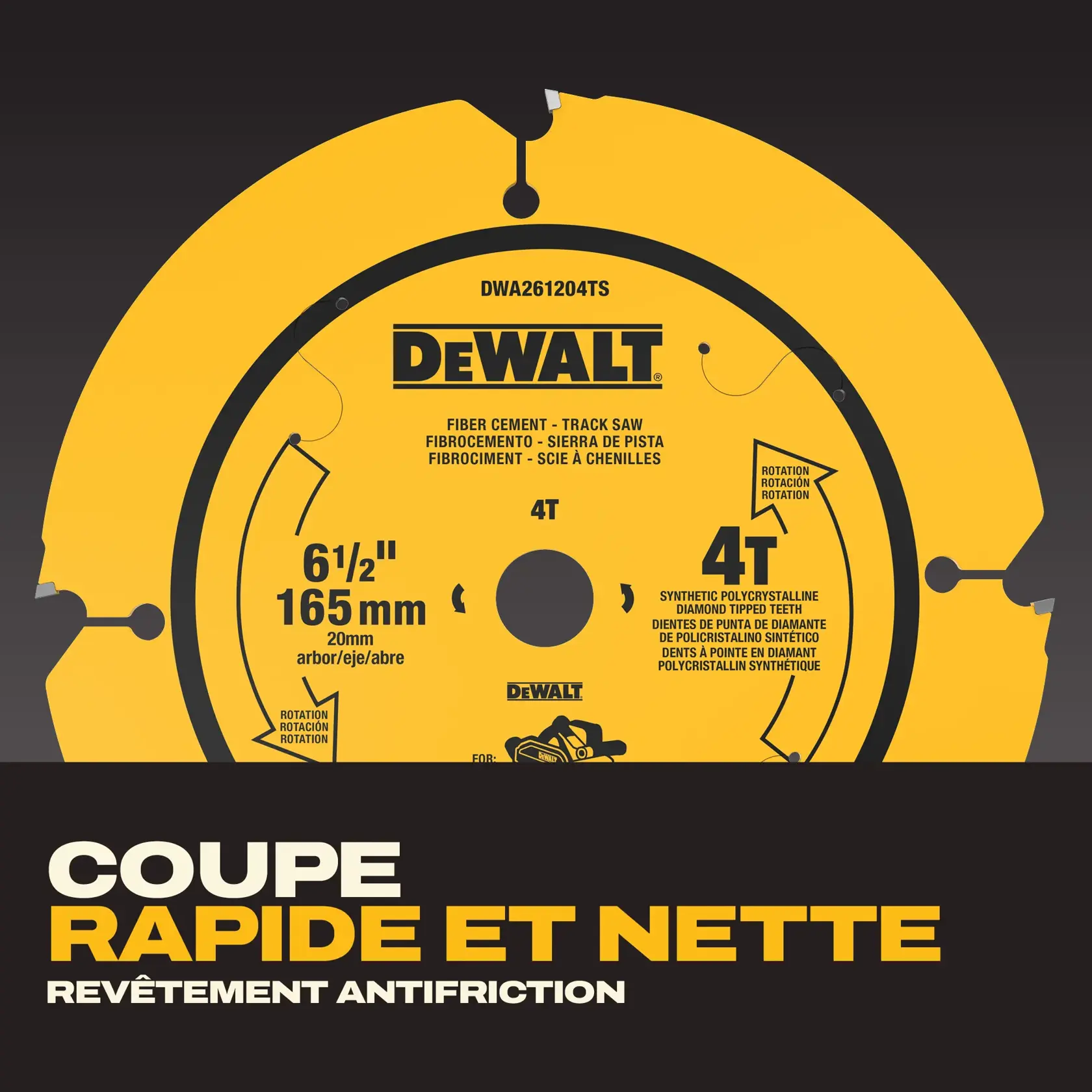 Lame de scie à chenilles pour fibrociment DEWALT, modèle DWA261204TS. La lame est jaune avec du texte noir, d'un diamètre de 165 mm (6,5 pouces) et un alésage de 20 mm. Caractéristiques : 4 dents à pointe en diamant polycristallin synthétique pour une coupe rapide et fluide, avec un revêtement anti-friction. Adaptée à la coupe de fibrociment avec des scies à chenilles.
