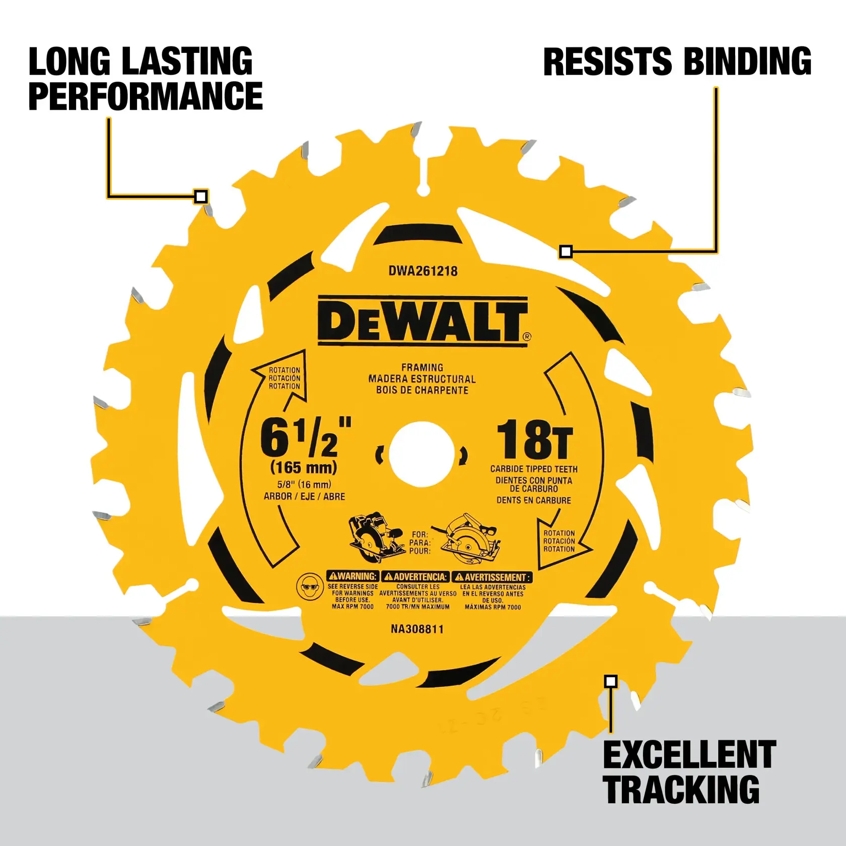 Yellow DEWALT 6-1/2 inch (165 mm) 18-tooth carbide tipped circular saw blade, model DWA261218, designed for framing applications. Labels highlight the blade’s long lasting performance, resistance to binding, and excellent tracking.