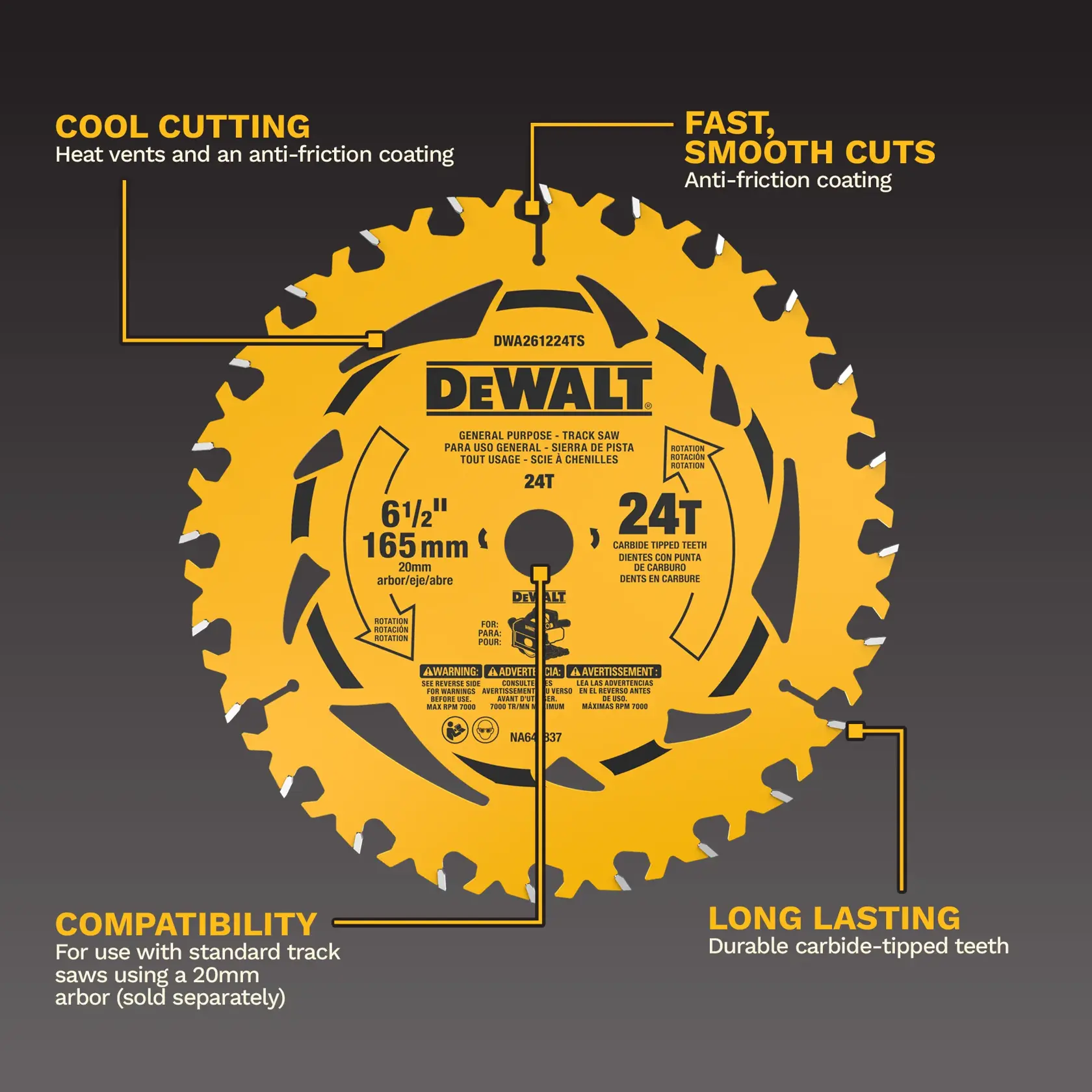 Une lame de scie circulaire DEWALT de 165 mm (6-1/2 pouces) avec 24 dents en carbure est présentée avec ses caractéristiques signalées. La lame possède des fentes de ventilation et un revêtement anti-friction pour une coupe à froid, un revêtement anti-friction pour des coupes rapides et lisses, des dents en carbure durables pour une longue durée de vie, ainsi qu'une compatibilité avec les scies à rail standard utilisant un arbre de 20 mm (vendu séparément).
