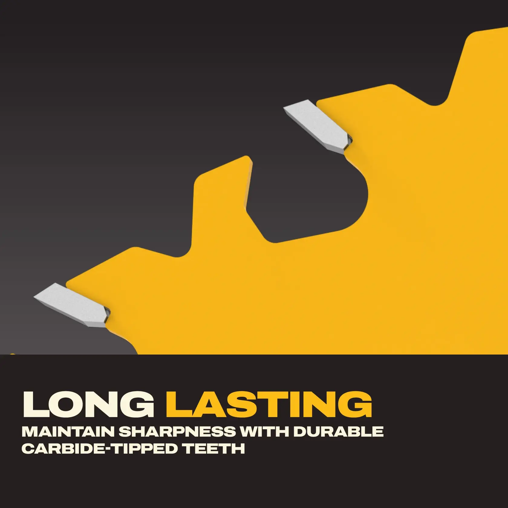 Image en gros plan de la lame de scie jaune DEWALT avec des dents à pointe en carbure. Le texte sur l'image indique : « LONGUE DURÉE. Maintenez la netteté grâce à des dents durables à pointe en carbure. »