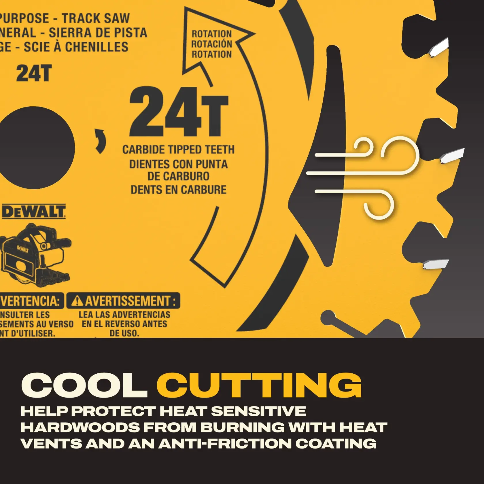 Image en gros plan d'une lame de scie circulaire de marque DEWALT avec 24 dents à pointe de carbure. La lame présente des évents de refroidissement et un revêtement anti-friction, mis en avant par des graphiques et le texte indiquant « Coupe froide : aide à protéger les bois durs sensibles à la chaleur contre les brûlures grâce aux évents de chaleur et à un revêtement anti-friction ». La direction de rotation de la lame est indiquée et des avertissements sont affichés en plusieurs langues.