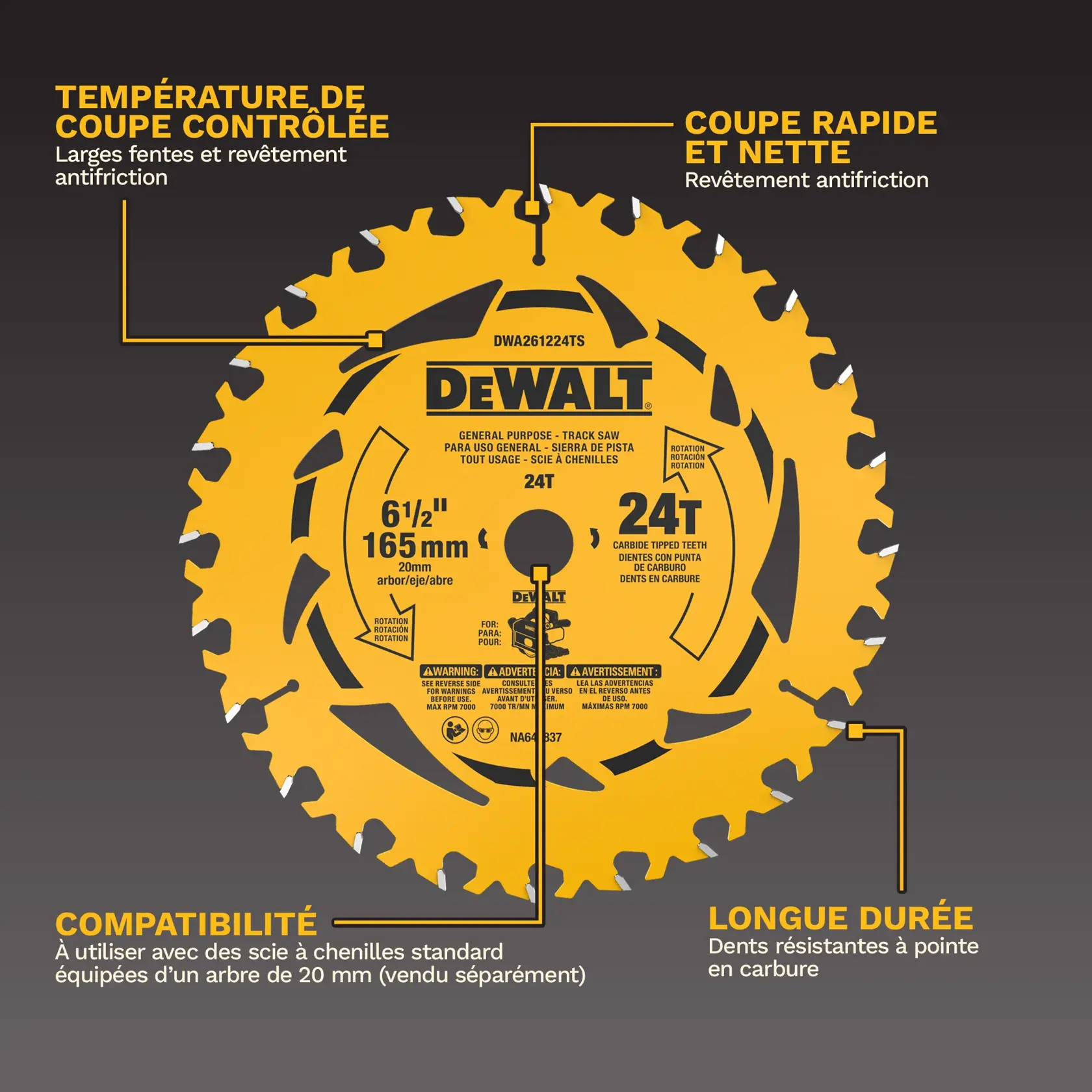 Une lame de scie circulaire DEWALT de 165 mm (6-1/2 pouces) avec 24 dents en carbure est présentée avec ses caractéristiques signalées. La lame possède des fentes de ventilation et un revêtement anti-friction pour une coupe à froid, un revêtement anti-friction pour des coupes rapides et lisses, des dents en carbure durables pour une longue durée de vie, ainsi qu'une compatibilité avec les scies à rail standard utilisant un arbre de 20 mm (vendu séparément).