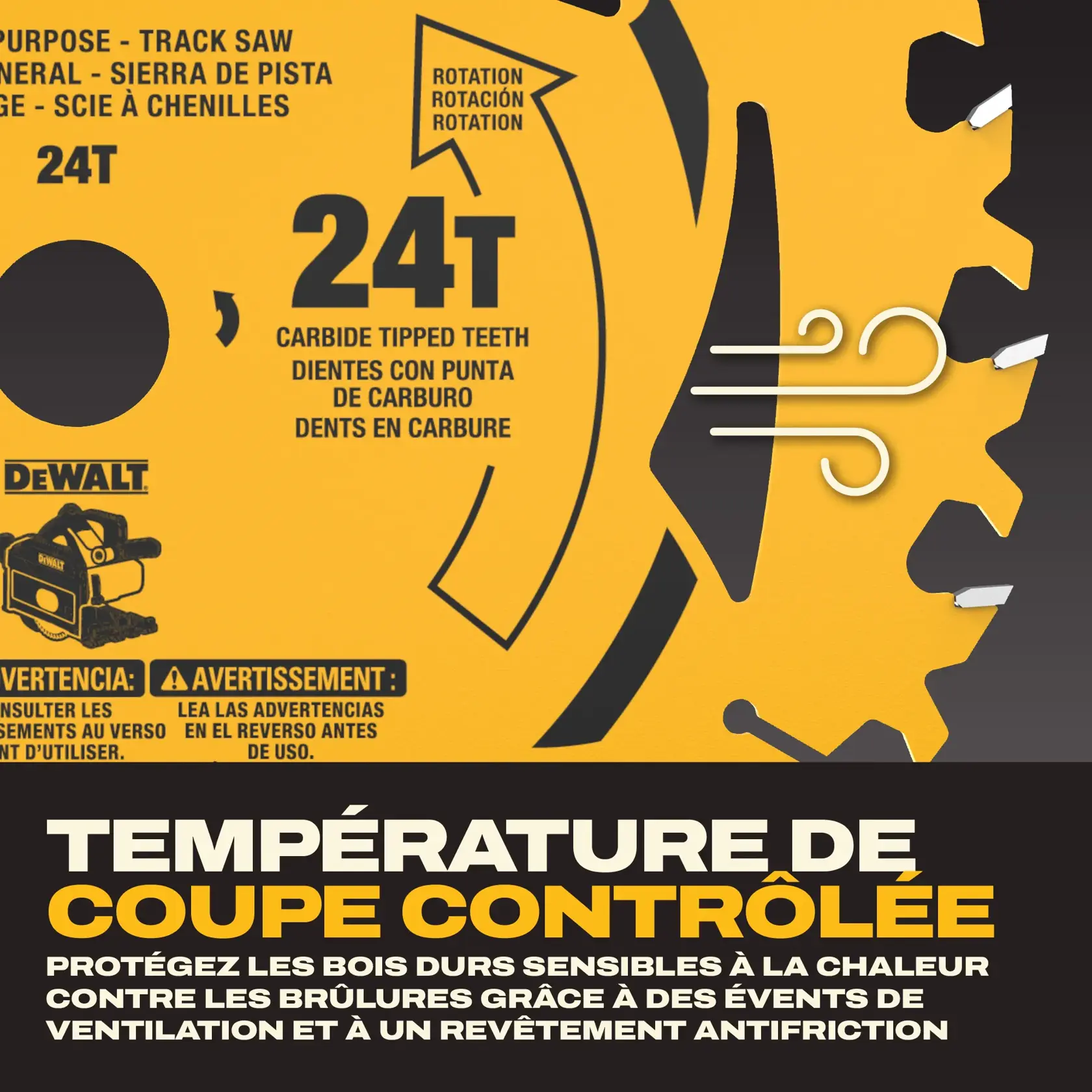 Image en gros plan d'une lame de scie circulaire de marque DEWALT avec 24 dents à pointe de carbure. La lame présente des évents de refroidissement et un revêtement anti-friction, mis en avant par des graphiques et le texte indiquant « Coupe froide : aide à protéger les bois durs sensibles à la chaleur contre les brûlures grâce aux évents de chaleur et à un revêtement anti-friction ». La direction de rotation de la lame est indiquée et des avertissements sont affichés en plusieurs langues.