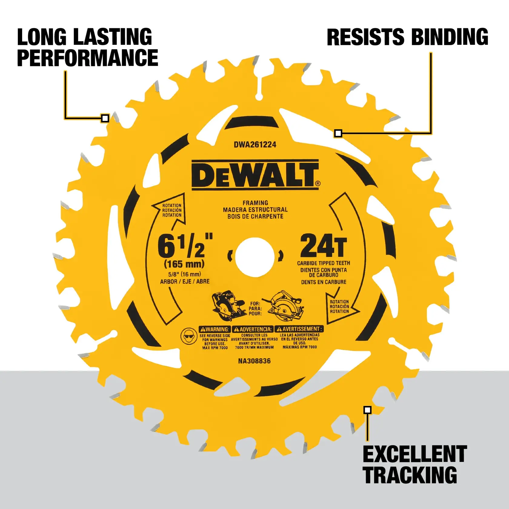 DEWALT framing saw blade, model DWA261224, with yellow color and black text. The blade is 6-1/2 inches (165 mm) with 24 carbide-tipped teeth. Featured text indicates Long Lasting Performance, Resists Binding, and Excellent Tracking.