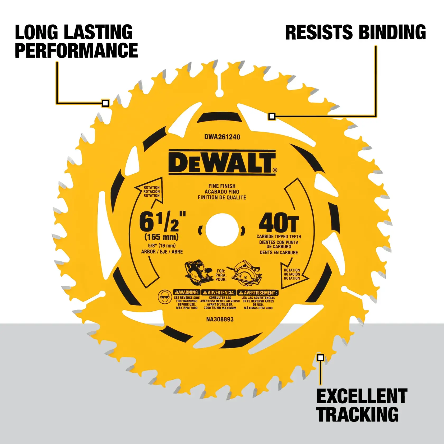 A DEWALT circular saw blade, model DWA261240, with a bright yellow color, 6-1/2 inch (165 mm) diameter and 40 carbide tipped teeth. The blade highlights long lasting performance, resists binding, and excellent tracking. Product specifications and safety warnings are printed on the blade.