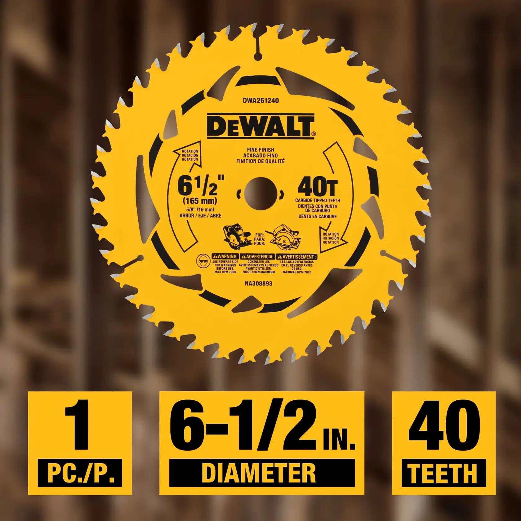 A DEWALT circular saw blade with 6-1/2 inch diameter and 40 carbide-tipped teeth, designed for fine finish cuts. The blade is yellow with product information and safety icons printed on it. Text highlights 1 piece, 6-1/2 inch diameter, and 40 teeth.