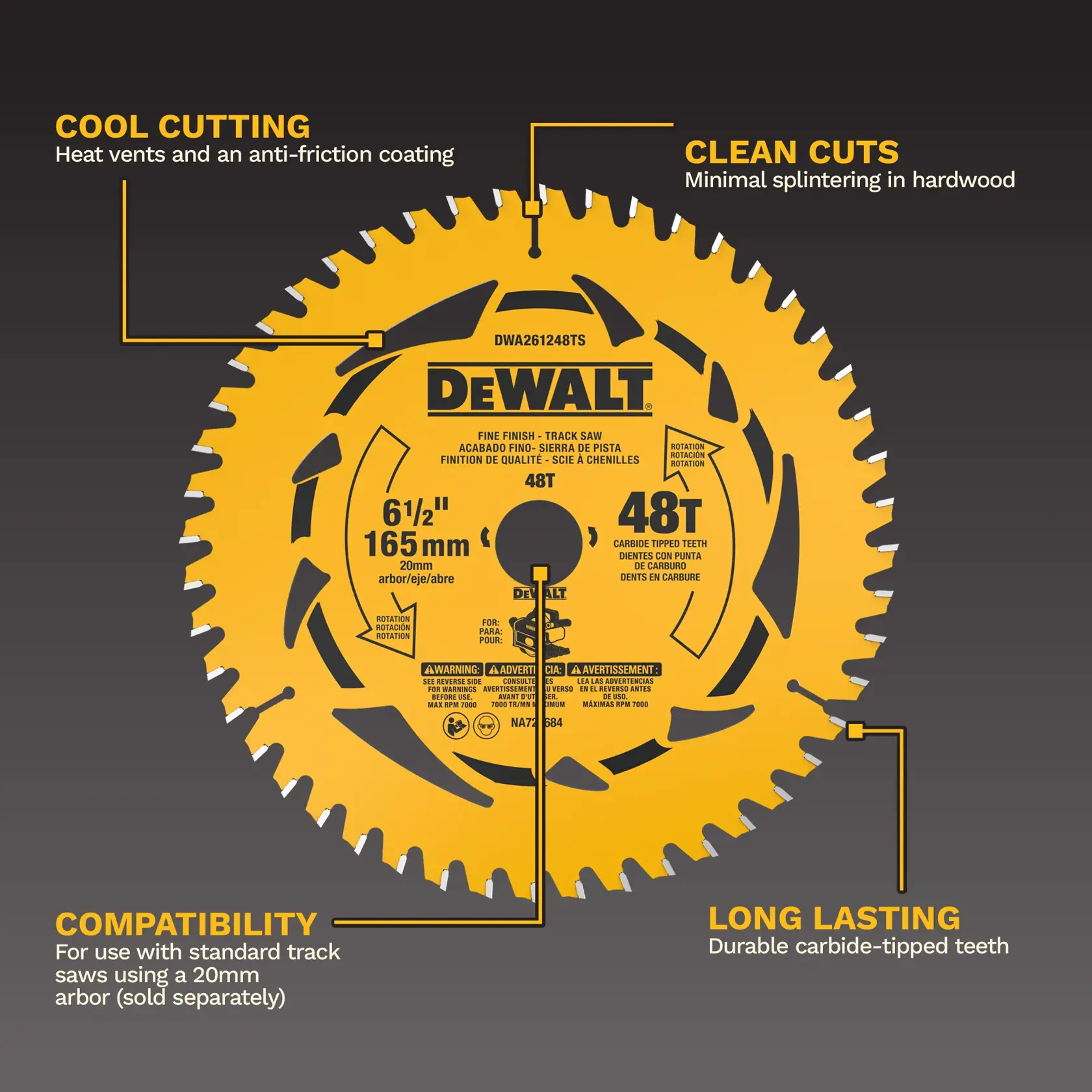 Image d'une lame de scie circulaire DEWALT avec des caractéristiques mises en avant. La lame est jaune avec du texte et des graphiques noirs. Les caractéristiques présentées incluent des évents de chaleur et un revêtement anti-friction pour une coupe à froid, peu d'éclats dans le bois dur pour des coupes propres, la compatibilité avec les scies sur rail standard utilisant un arbre de 20 mm, et des dents en carbure durable pour une performance durable.