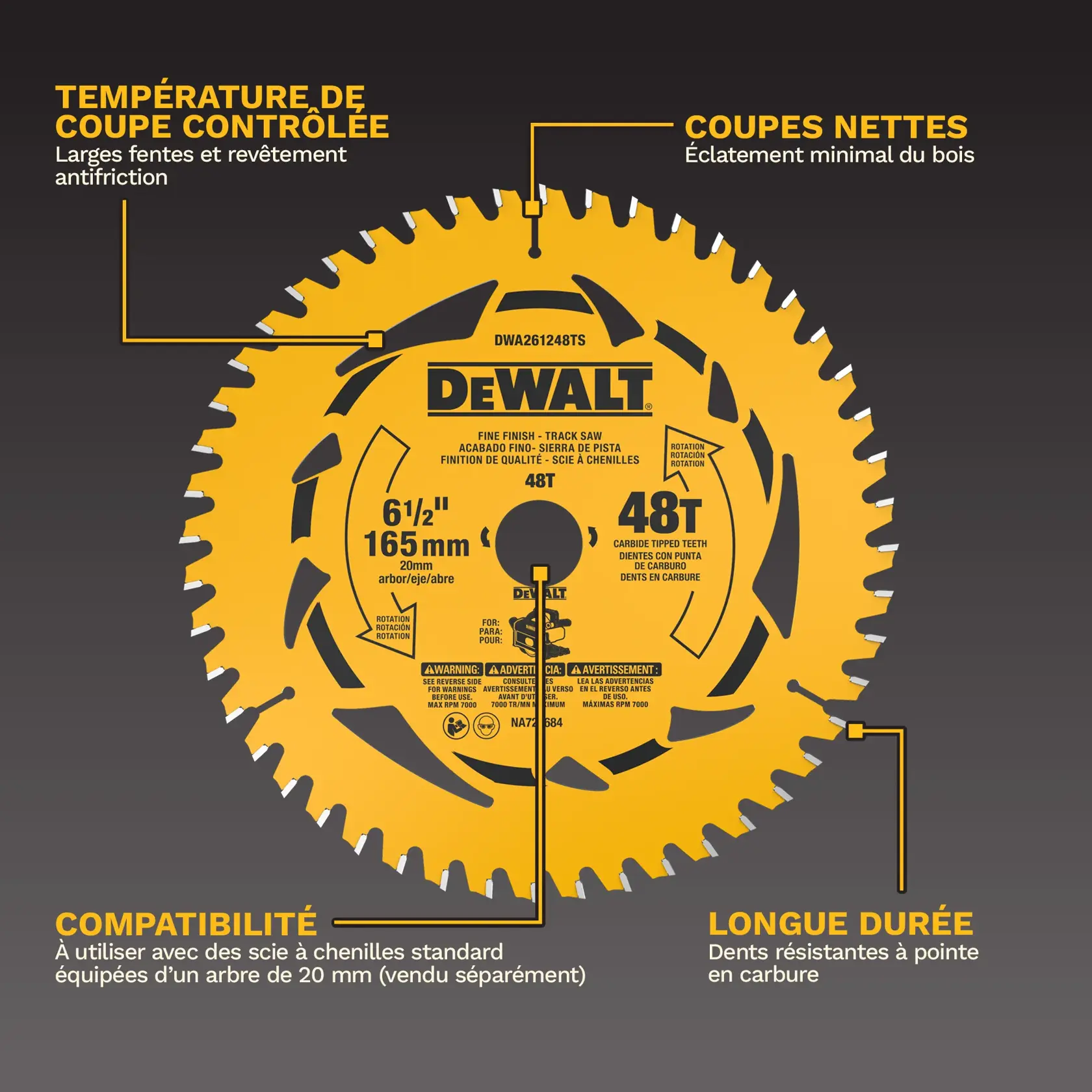 Image d'une lame de scie circulaire DEWALT avec des caractéristiques mises en avant. La lame est jaune avec du texte et des graphiques noirs. Les caractéristiques présentées incluent des évents de chaleur et un revêtement anti-friction pour une coupe à froid, peu d'éclats dans le bois dur pour des coupes propres, la compatibilité avec les scies sur rail standard utilisant un arbre de 20 mm, et des dents en carbure durable pour une performance durable.