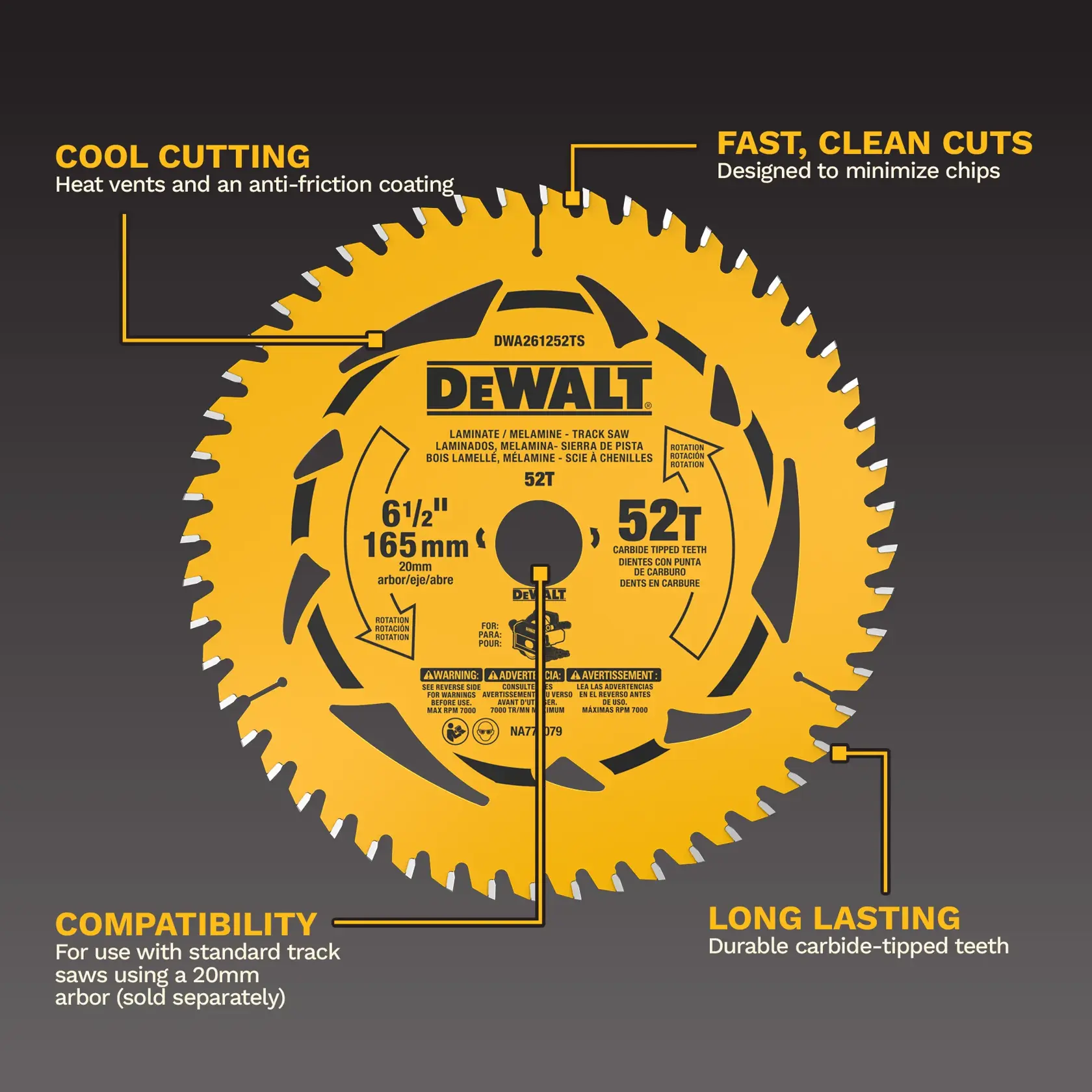 Image d'une lame de scie circulaire DEWALT de 165 mm (6-1/2 pouces) avec 52 dents pour le laminé et la mélamine, illustrant les caractéristiques principales : évents de chaleur et revêtement anti-friction pour une coupe à froid, conception pour des coupes rapides et propres afin de réduire les éclats, compatibilité avec les scies à rail standard utilisant un arbre de 20 mm, et dents robustes en carbure pour une longue durée de vie.
