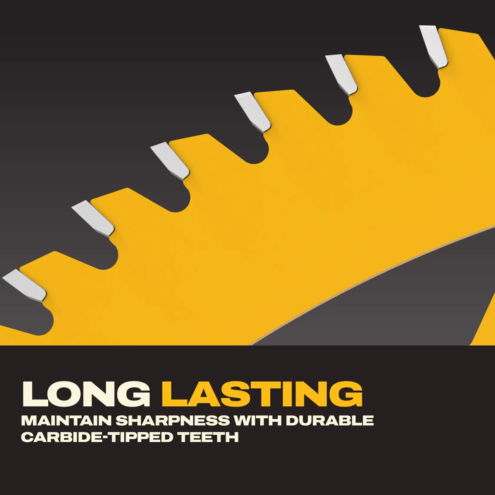 Image en gros plan d'une lame de scie circulaire jaune avec des dents en carbure argentées, accompagnée du texte « Longue durée : Conservez le tranchant grâce à des dents en carbure résistantes » sur un fond sombre.