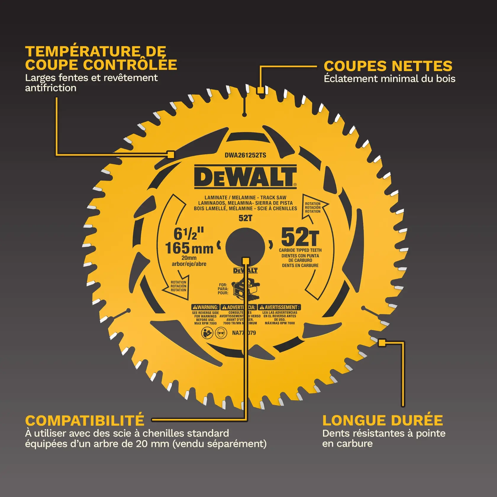 Image d'une lame de scie circulaire DEWALT de 165 mm (6-1/2 pouces) avec 52 dents pour le laminé et la mélamine, illustrant les caractéristiques principales : évents de chaleur et revêtement anti-friction pour une coupe à froid, conception pour des coupes rapides et propres afin de réduire les éclats, compatibilité avec les scies à rail standard utilisant un arbre de 20 mm, et dents robustes en carbure pour une longue durée de vie.