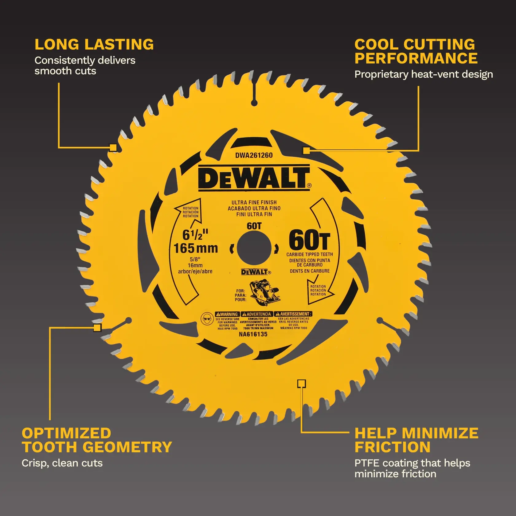 Image of a DEWALT 60-tooth circular saw blade, model DWA261260, with a 6-1/2 inch (165 mm) diameter. The blade is yellow and features highlighted benefits: long lasting, cool cutting performance with proprietary heat-vent design, optimized tooth geometry for crisp cuts, and PTFE coating to help minimize friction.