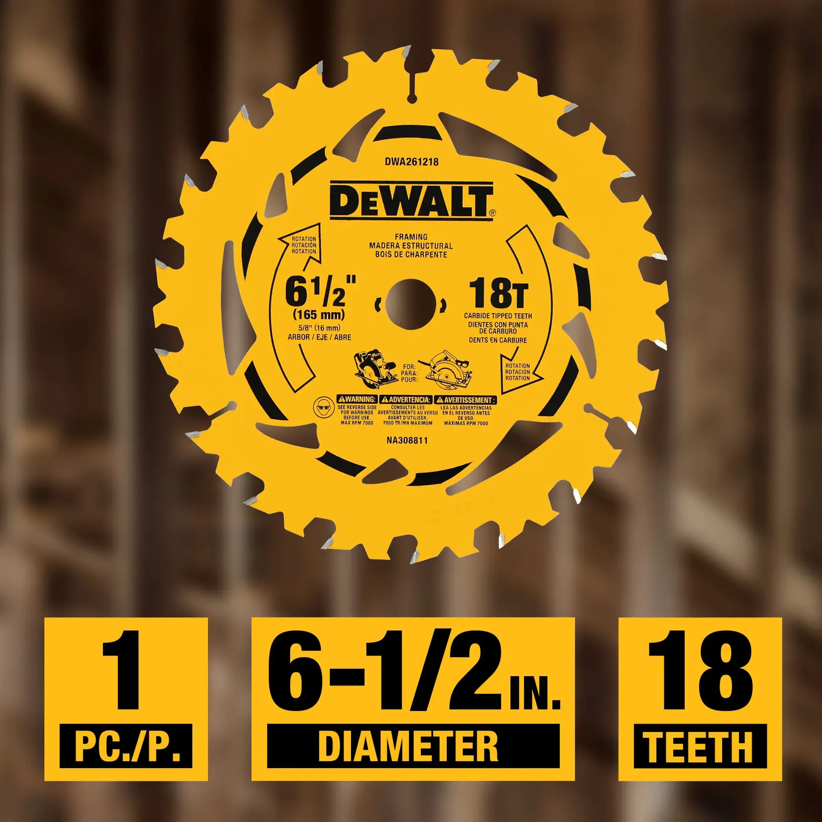 DEWALT circular saw blade for framing. The blade is yellow with black text and features 18 carbide-tipped teeth, has a diameter of 6-1/2 inches (165 mm), and a 5/8 inch arbor. Packaging highlights that it contains one piece.