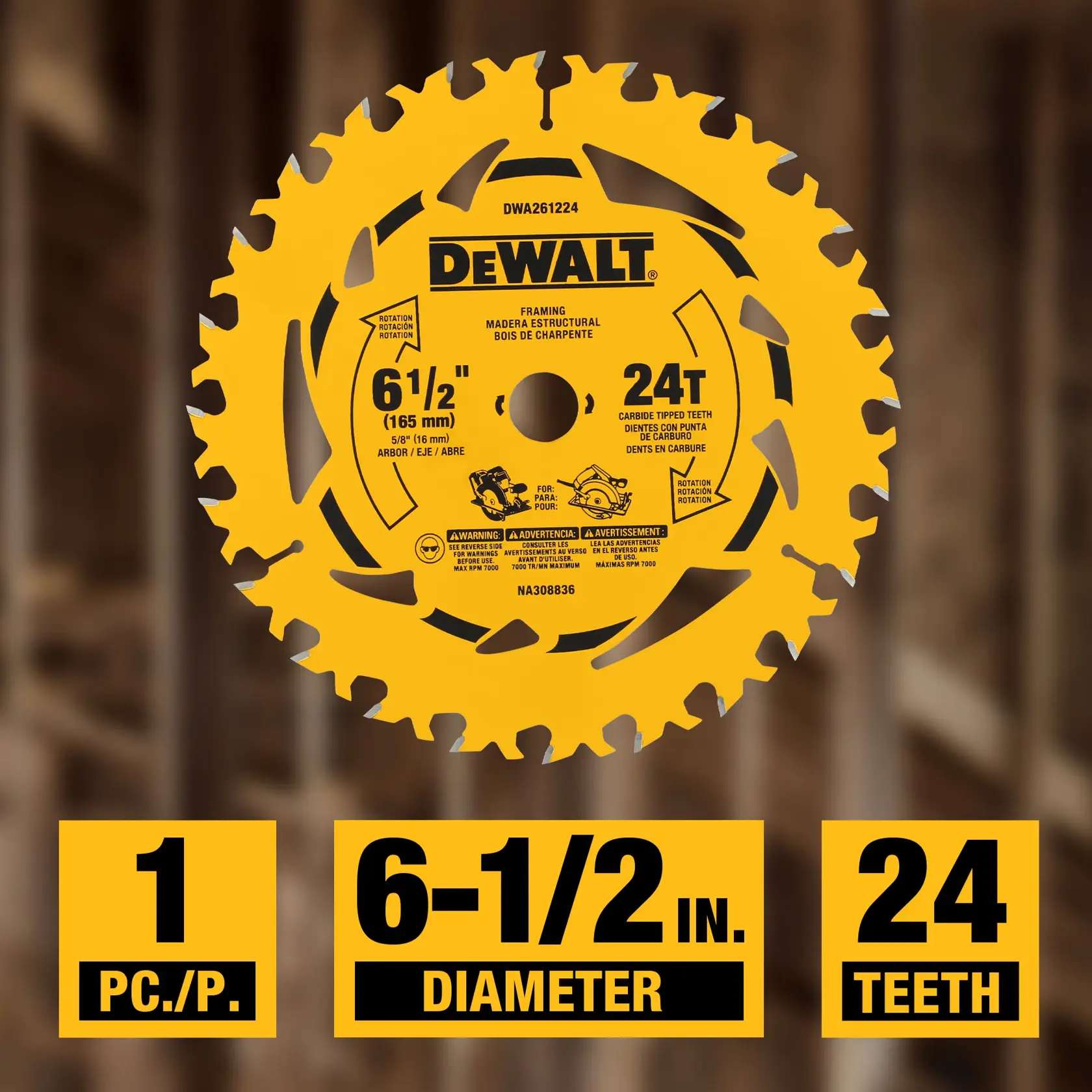 DEWALT framing saw blade with carbide tipped teeth, 6-1/2 inch diameter, 24 teeth. The image highlights three features: 1 piece, 6-1/2 inch diameter, and 24 teeth.