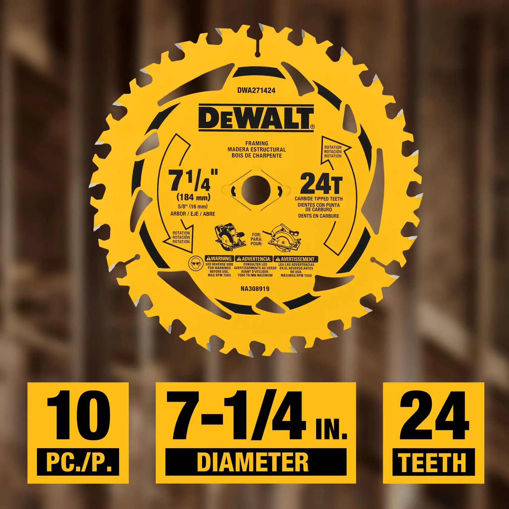 DEWALT 7-1/4 inch circular saw blade with 24 carbide tipped teeth for framing, shown on a blurred background. The blade features product details such as model DWA271424, 5/8 inch arbor size, and rotation direction, and is part of a 10-piece pack.