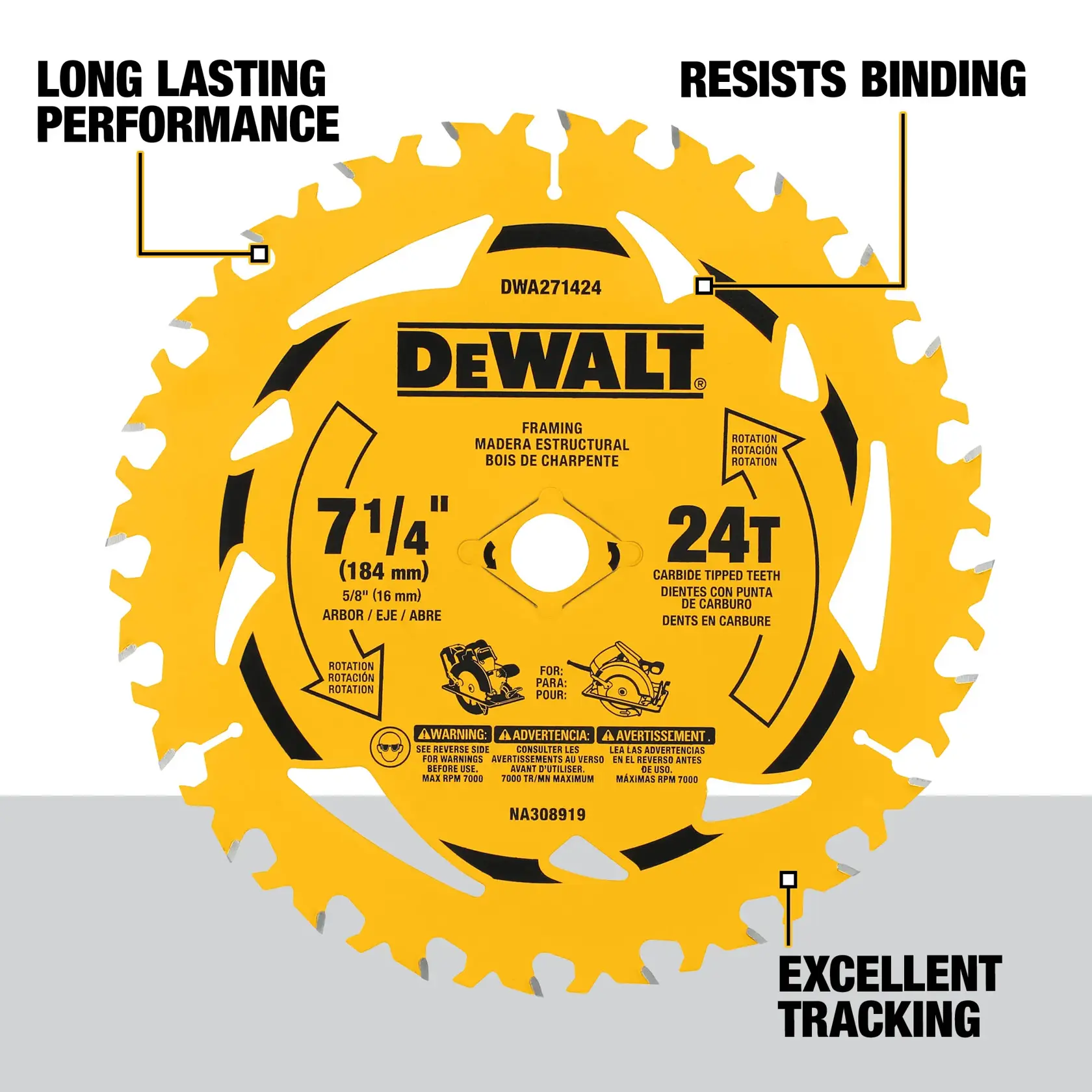 A DEWALT 7-1/4 inch (184 mm) framing saw blade with 24 carbide-tipped teeth. The blade is yellow with black text and graphics indicating features such as long lasting performance, resists binding, and excellent tracking.