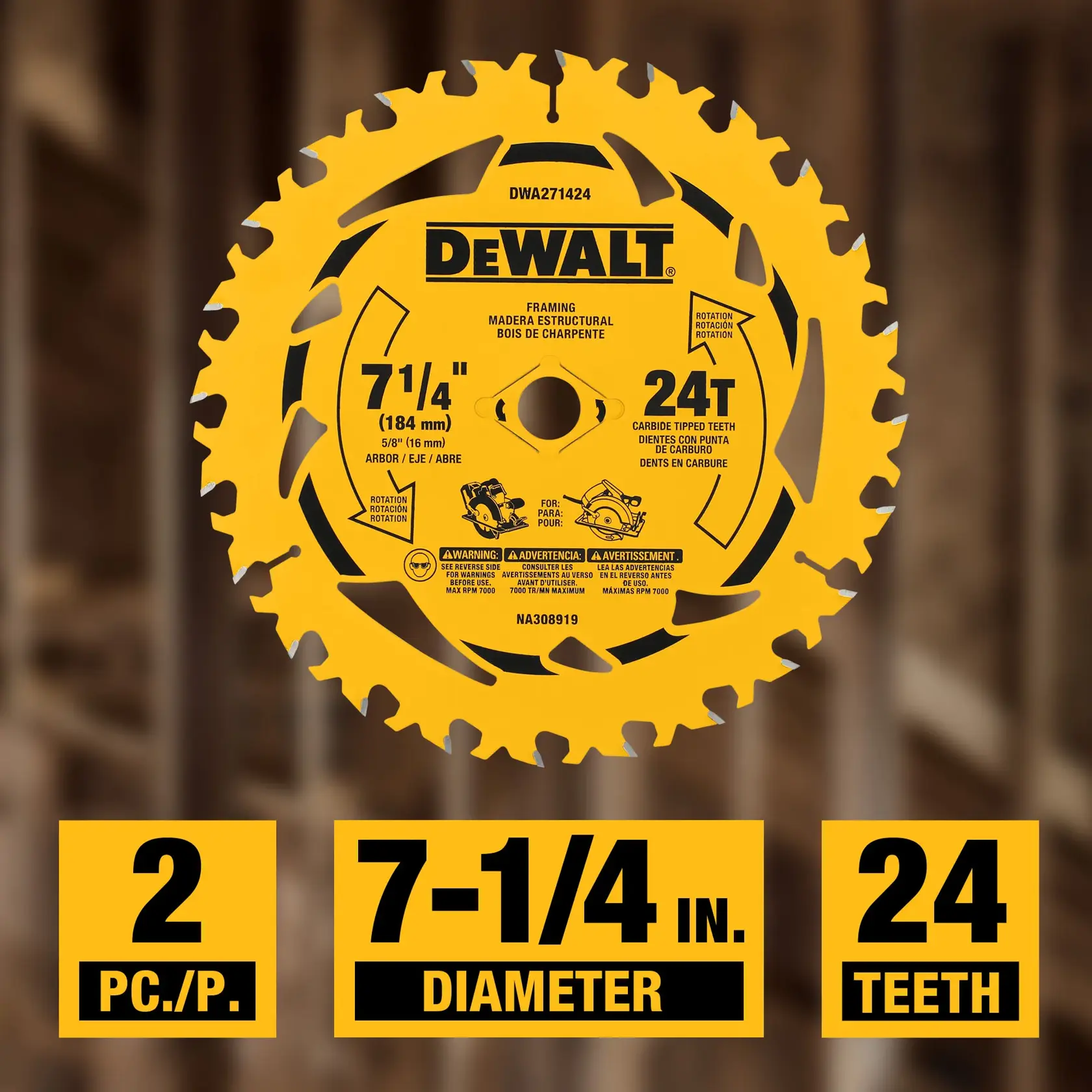 DEWALT framing circular saw blade, model DWA271424, yellow color with 7-1/4 inch (184 mm) diameter, 5/8 inch (16 mm) arbor, and 24 carbide-tipped teeth. The image also highlights 2 pieces per pack, 7-1/4 inch diameter, and 24 teeth in bold black and yellow boxes.