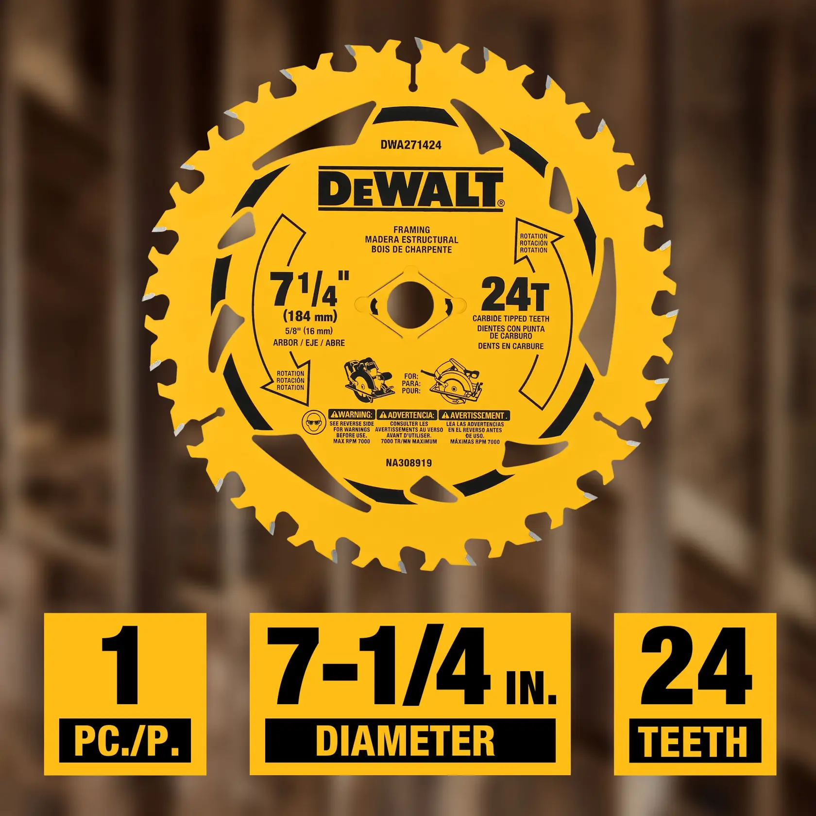 A yellow DEWALT framing saw blade, model DWA271424, with 7-1/4 inch diameter and 24 carbide tipped teeth. The blade is shown with safety warnings and specifications, including 5/8 inch arbor size, and labels highlighting '1 pc', '7-1/4 in. diameter', and '24 teeth'.