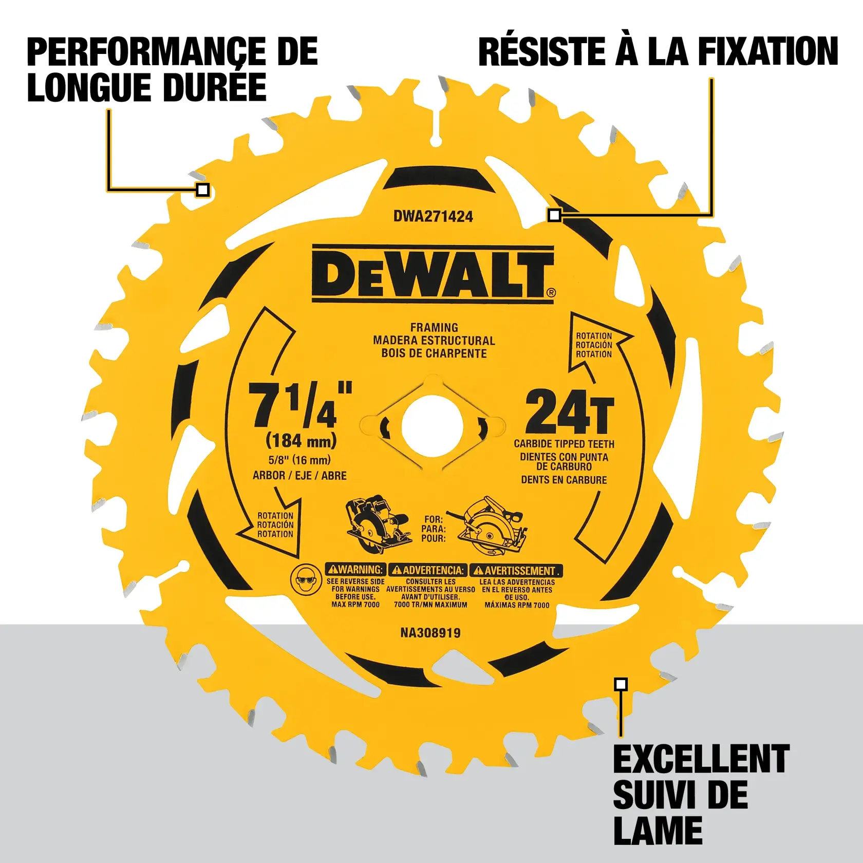 A yellow DEWALT framing saw blade, model DWA271424, with 7-1/4 inch diameter and 24 carbide tipped teeth. The blade is shown with safety warnings and specifications, including 5/8 inch arbor size, and labels highlighting '1 pc', '7-1/4 in. diameter', and '24 teeth'.