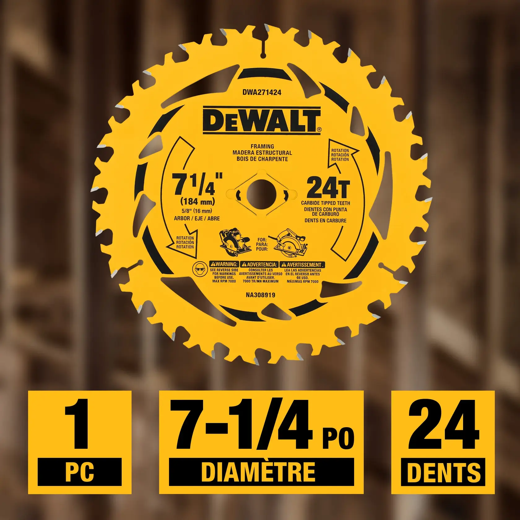 Promotional graphic showing two types of wood materials. On the left, a piece of dimensional lumber is labeled 'General Purpose'. On the right, a sheet of plywood or OSB is labeled 'Plywood/OSB'. Above, the text says 'Ideal For Wood Cutting' on a yellow and black background.