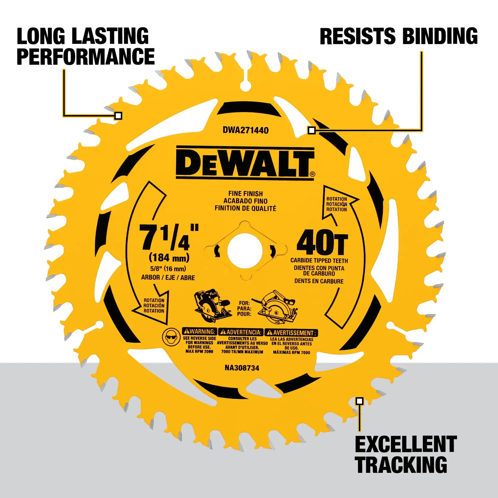 A DEWALT circular saw blade, model DWA271440, with 7-1/4 inch (184 mm) diameter and 40 carbide-tipped teeth, intended for fine finish cutting. The yellow blade features text highlighting 'Long Lasting Performance', 'Resists Binding', and 'Excellent Tracking'. Safety and usage information is printed on the blade.