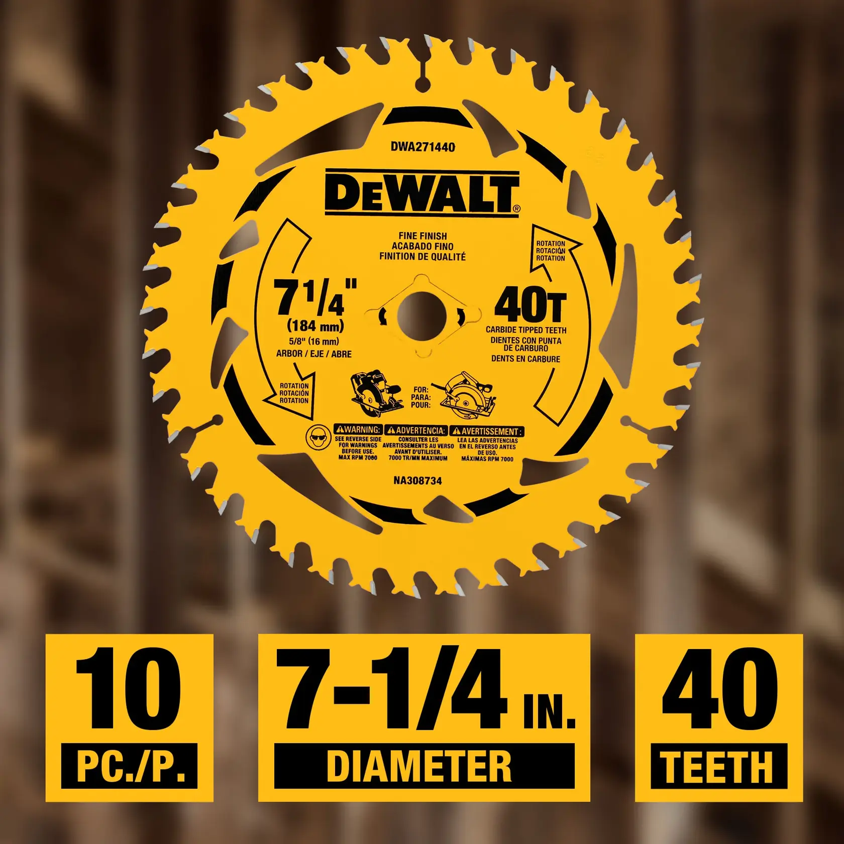 DEWALT circular saw blade, model DWA271440, with 7-1/4 inch (184 mm) diameter, 40 carbide-tipped teeth, suitable for fine finish cuts. The image highlights product features: 10 pieces per pack, 7-1/4 inch diameter, and 40 teeth.