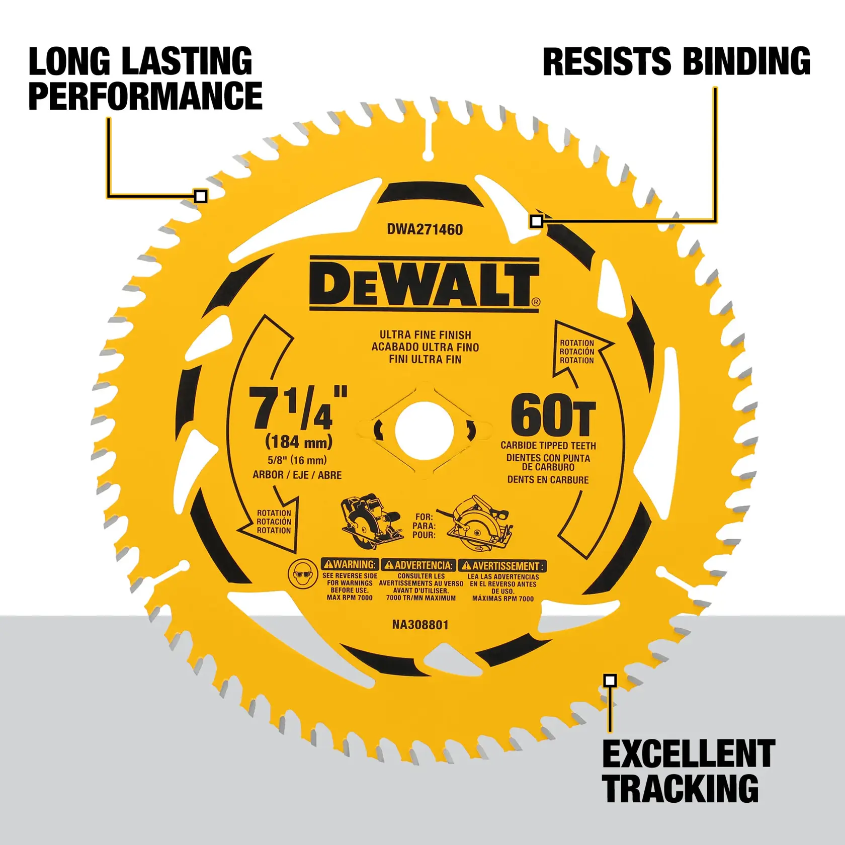 A DEWALT circular saw blade, model DWA271460, with a diameter of 7-1/4 inches (184 mm) and 60 carbide-tipped teeth. The blade is yellow with black markings and highlights features such as long-lasting performance, resistance to binding, and excellent tracking.