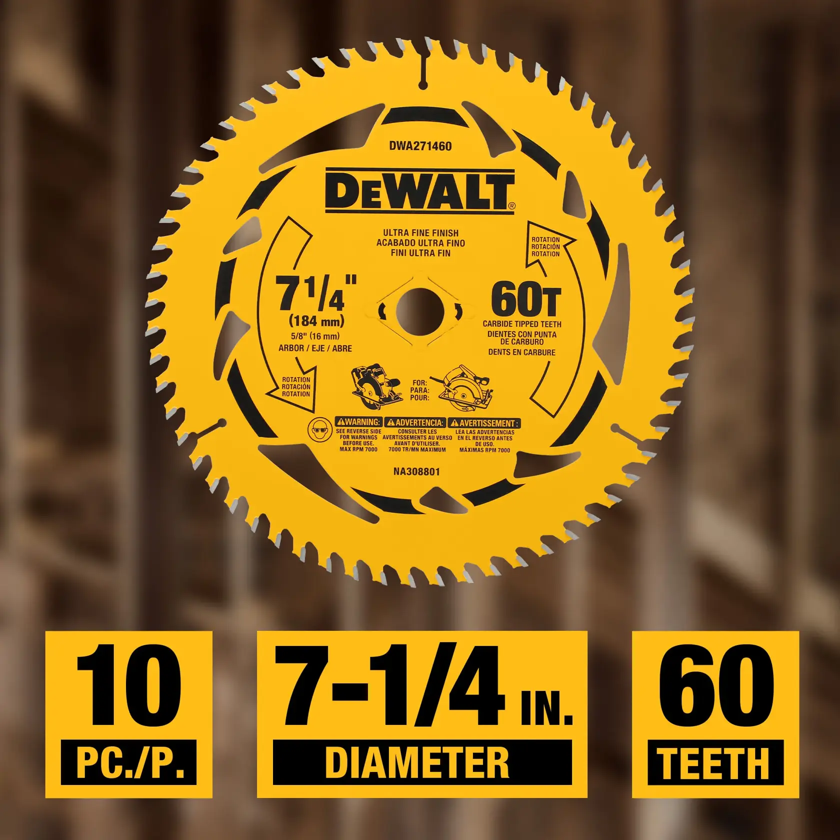 DEWALT circular saw blade with ultra fine finish, model DWA271460B10. The blade is yellow, has a diameter of 7-1/4 inches (184 mm), 60 carbide-tipped teeth, and a 5/8 inch arbor. The image also highlights '10 PC/P.', '7-1/4 IN. DIAMETER', and '60 TEETH'.
