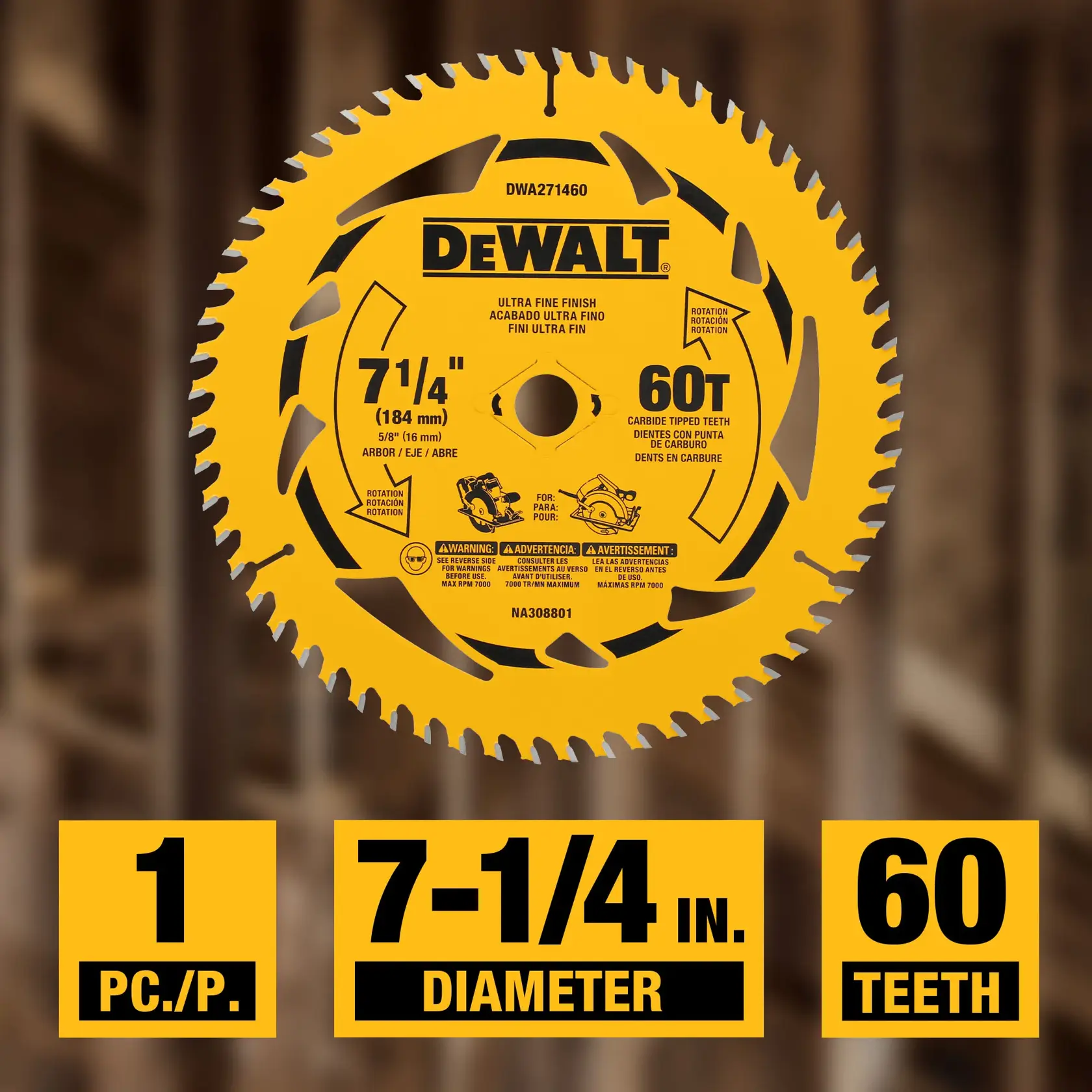 DEWALT circular saw blade with 7-1/4 inch diameter, 60 carbide tipped teeth, ultra fine finish, and specifications for use with saws. The image highlights key features: 1 piece, 7-1/4 inch diameter, 60 teeth.