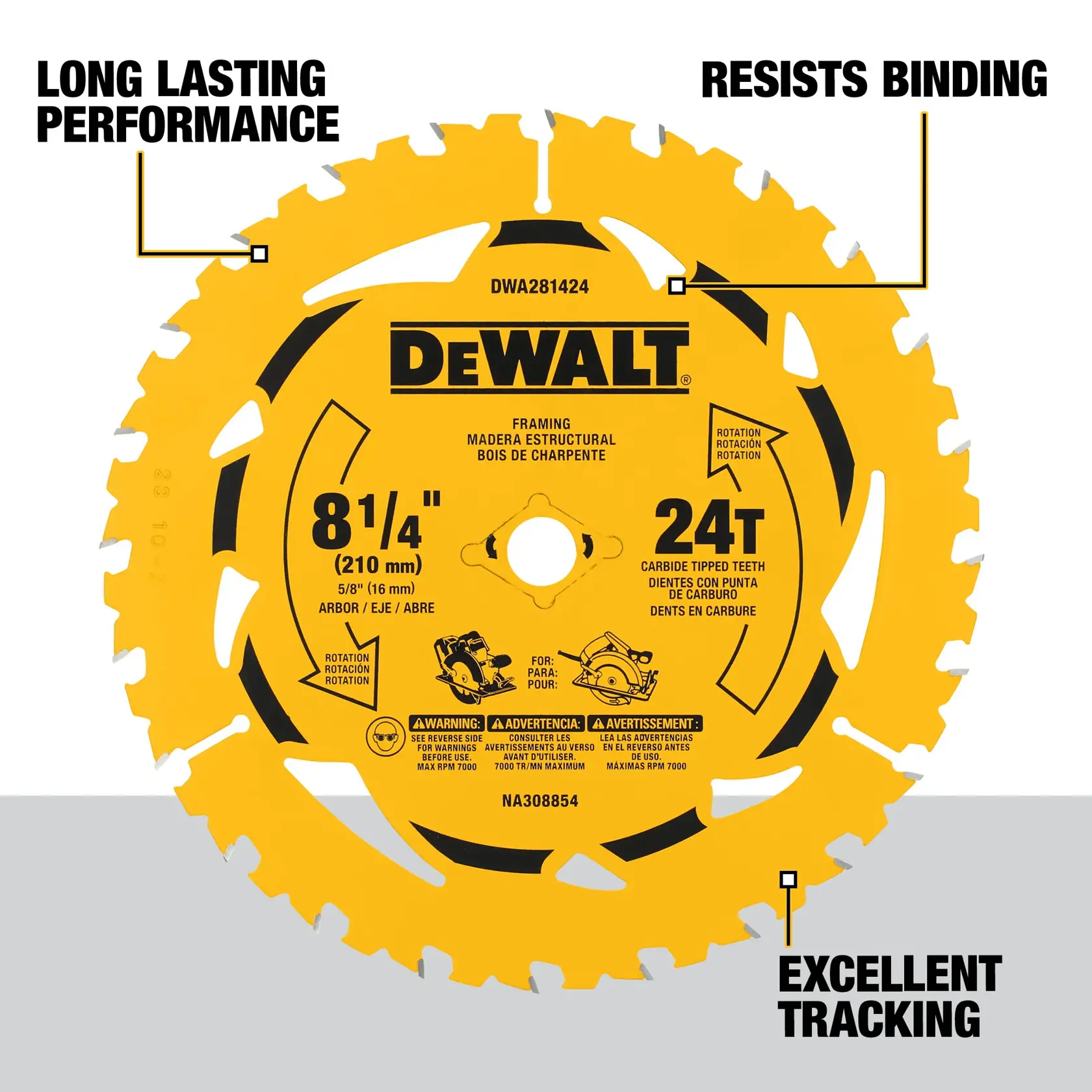 A DEWALT 8-1/4 inch (210 mm) framing circular saw blade with 24 carbide-tipped teeth, model DWA281424. The blade is designed for long lasting performance, resists binding, and provides excellent tracking. Key specifications and safety warnings are printed on the yellow blade.