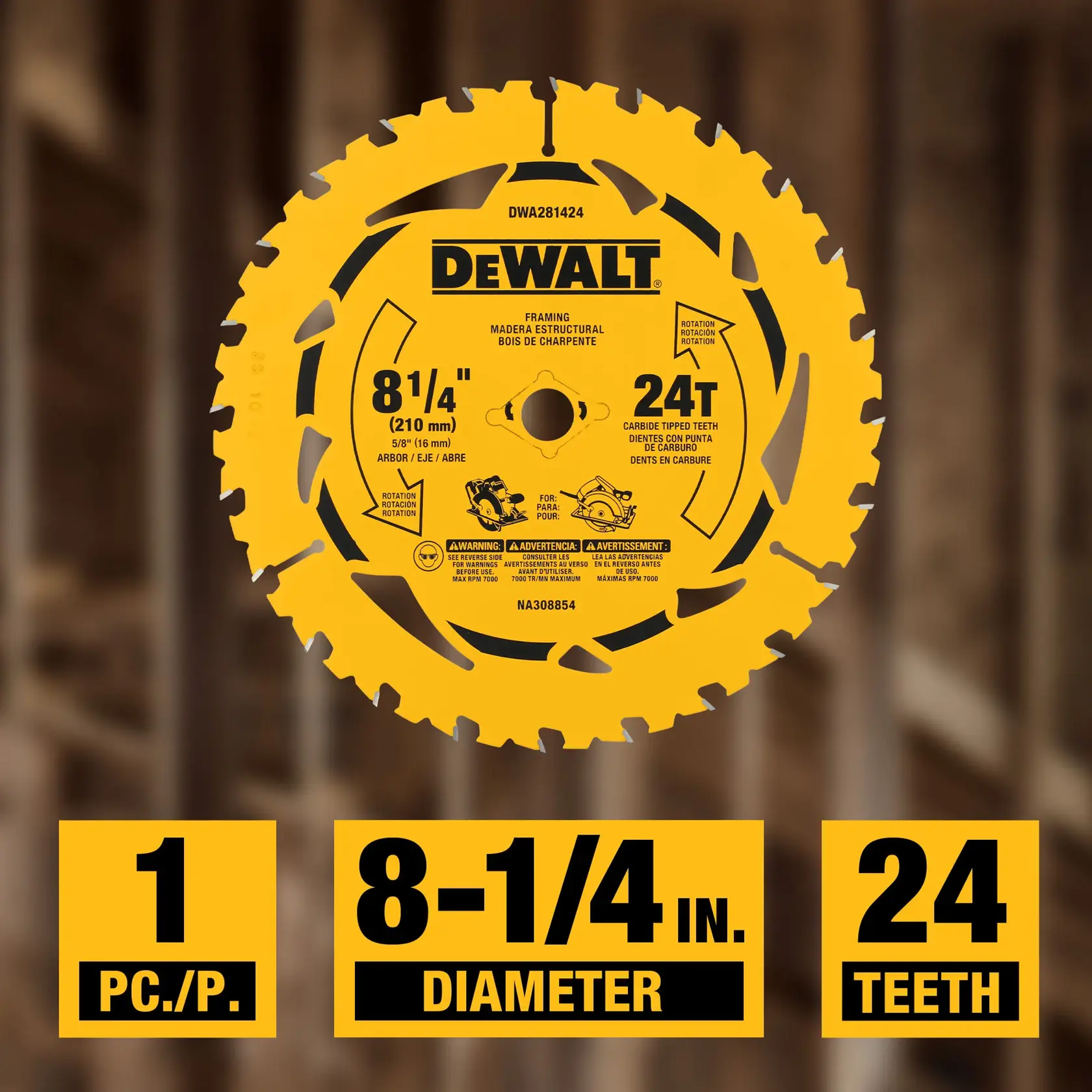 DEWALT framing carbide-tipped circular saw blade with 8-1/4 inch (210 mm) diameter, 24 teeth, and 5/8 inch (16 mm) arbor. Packaging indicates 1 piece, suitable for wood framing, and displays safety warnings.