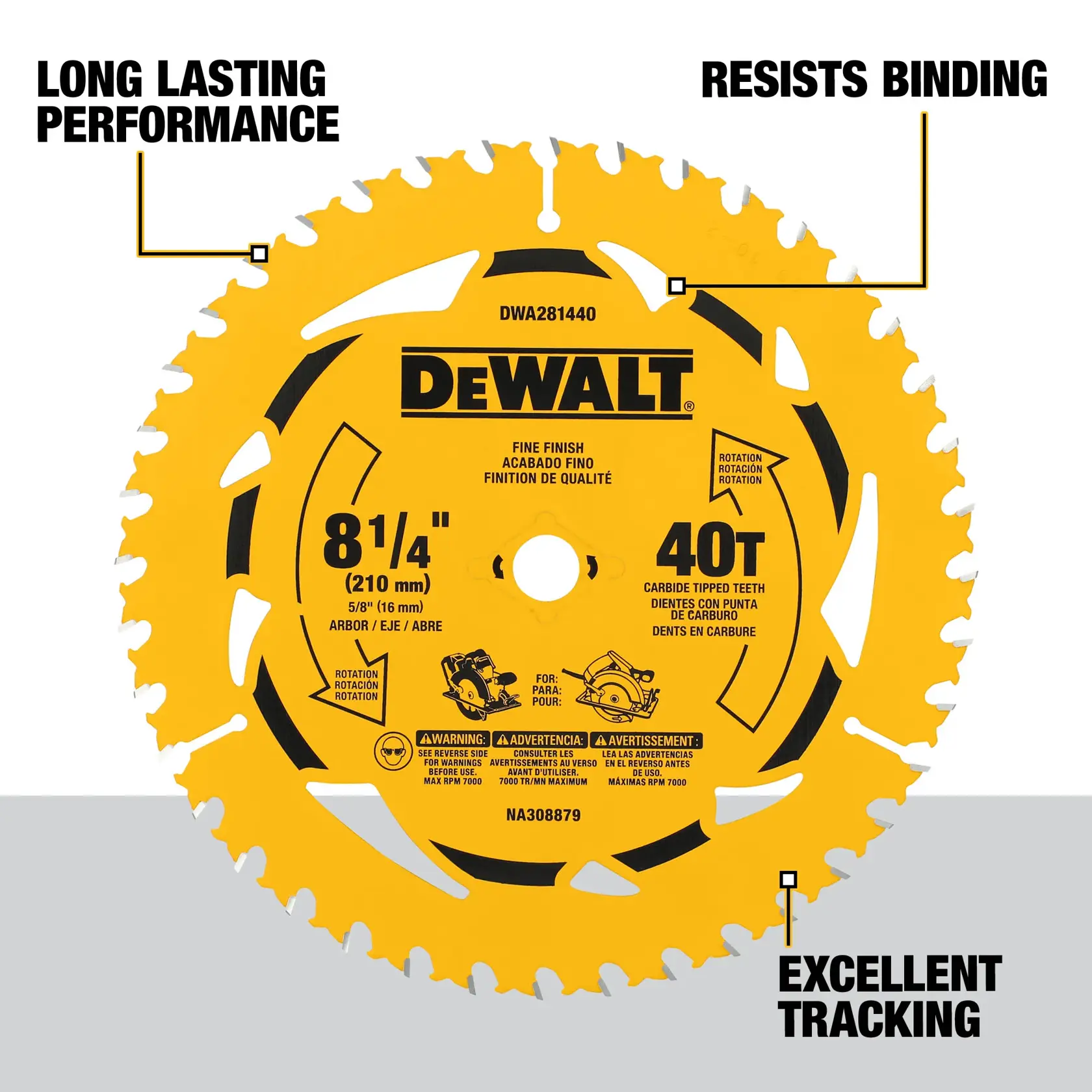 A DEWALT circular saw blade model DWA281440, 8-1/4 inch (210 mm) diameter with 40 carbide tipped teeth. The blade is yellow with black text and has labeled features pointing to it, including 'Long Lasting Performance,' 'Resists Binding,' and 'Excellent Tracking.'