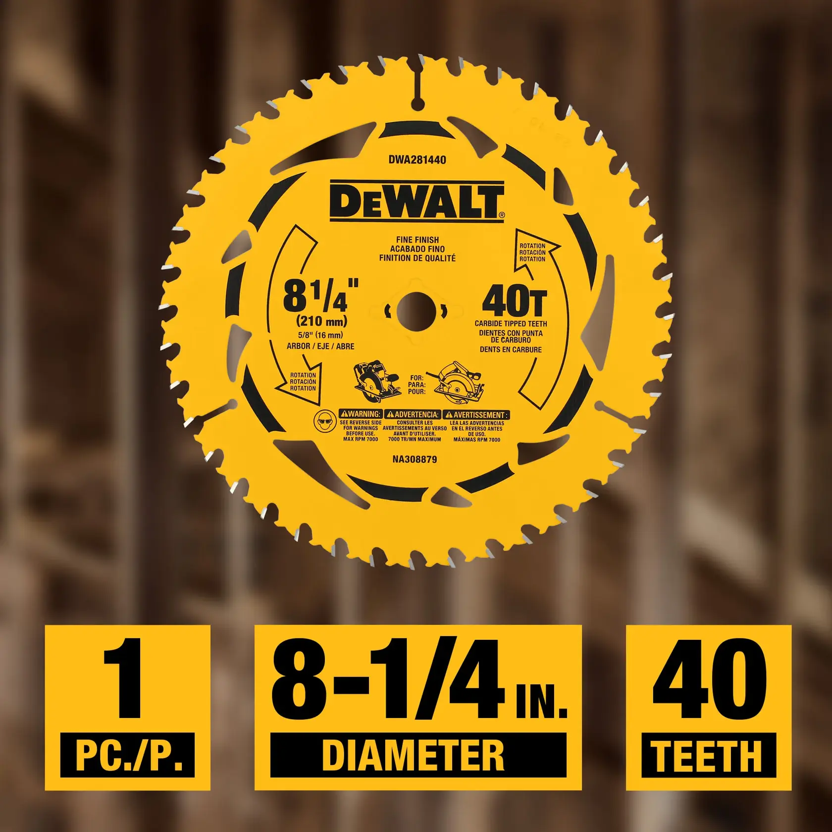 A DEWALT circular saw blade, model DWA281440, with a diameter of 8-1/4 inches (210 mm) and 40 carbide-tipped teeth. The blade is shown against a blurred background, and highlighted text at the bottom indicates it is a single piece with 8-1/4 inch diameter and 40 teeth.
