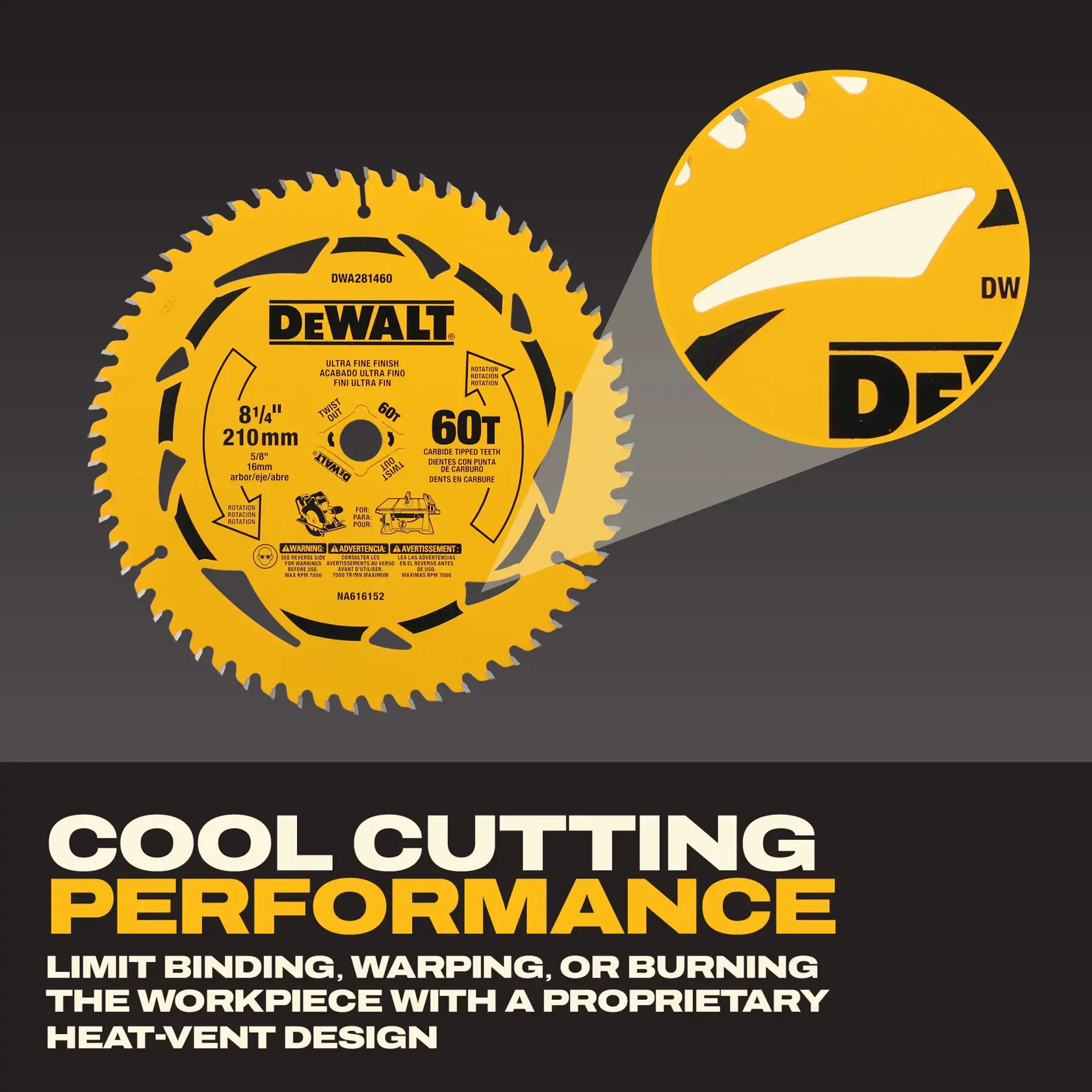 DEWALT DWA281460 circular saw blade, 8-1/4 inch (210 mm) with 60 carbide-tipped teeth, shown in yellow. The image highlights its proprietary heat-vent design, intended to limit binding, warping, or burning of the workpiece for cool cutting performance.