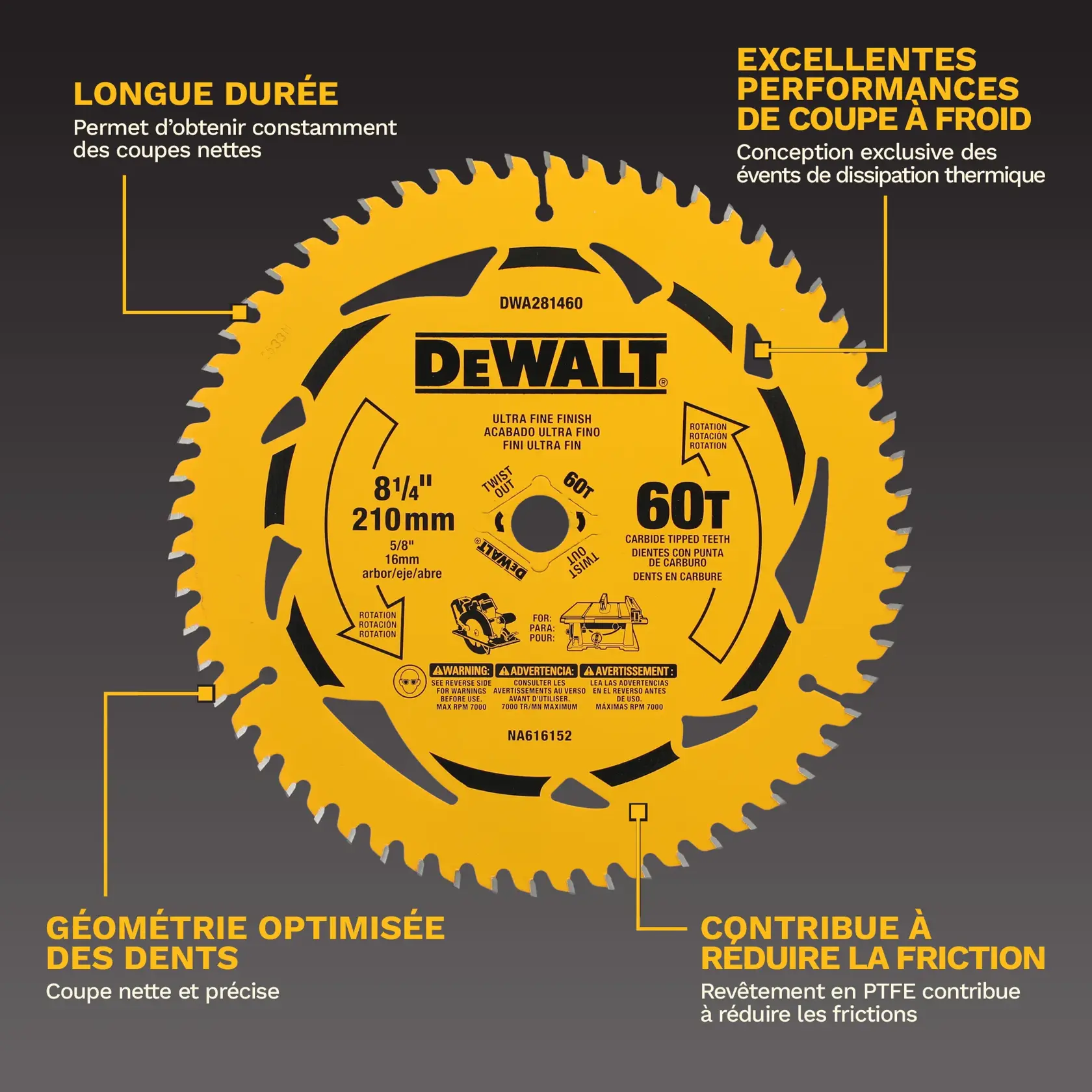 DEWALT DWA281460 circular saw blade, 8-1/4 inch (210 mm), 60 carbide-tipped teeth for ultra fine finish. Features highlighted: long lasting for smooth cuts, cool cutting performance with heat-vent design, optimized tooth geometry for crisp, clean cuts, and PTFE coating to help minimize friction. Yellow blade is shown with product specifications and safety icons.