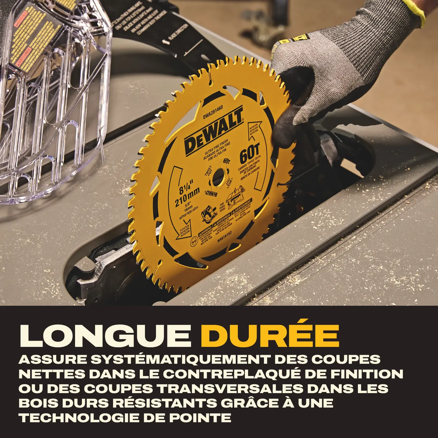 A close-up of a DEWALT 8-1/4 inch 60-tooth saw blade (model DWA281460) being installed in a table saw by a gloved hand. The blade is yellow with black text, and sawdust is visible on the table surface. There is text overlay promoting the product's durability and smooth cutting performance.