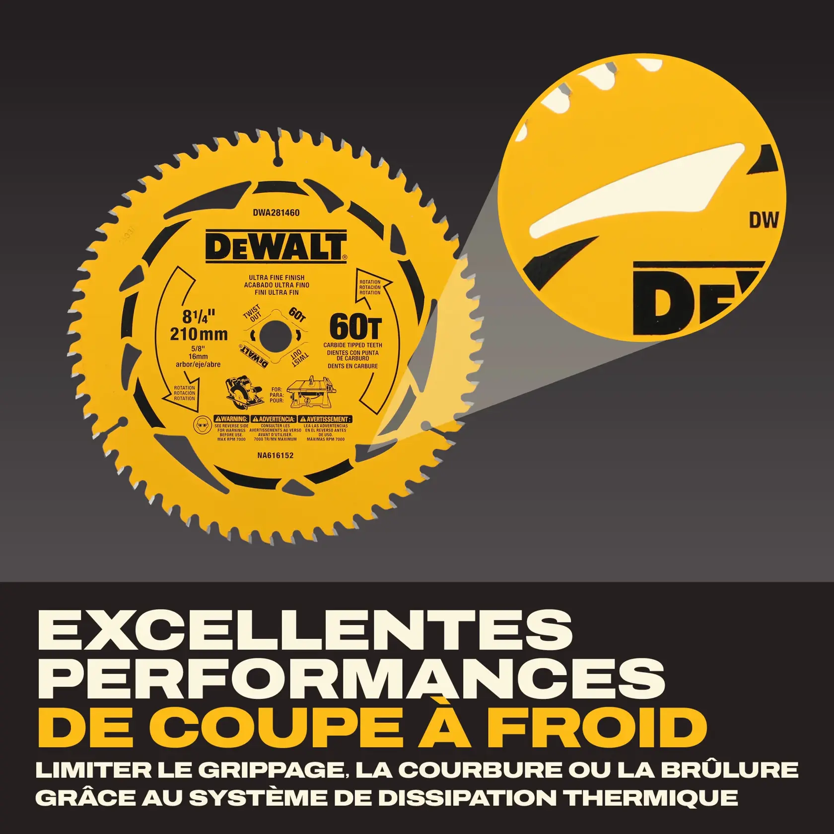 DEWALT DWA281460 circular saw blade, 8-1/4 inch (210 mm) with 60 carbide-tipped teeth, shown in yellow. The image highlights its proprietary heat-vent design, intended to limit binding, warping, or burning of the workpiece for cool cutting performance.