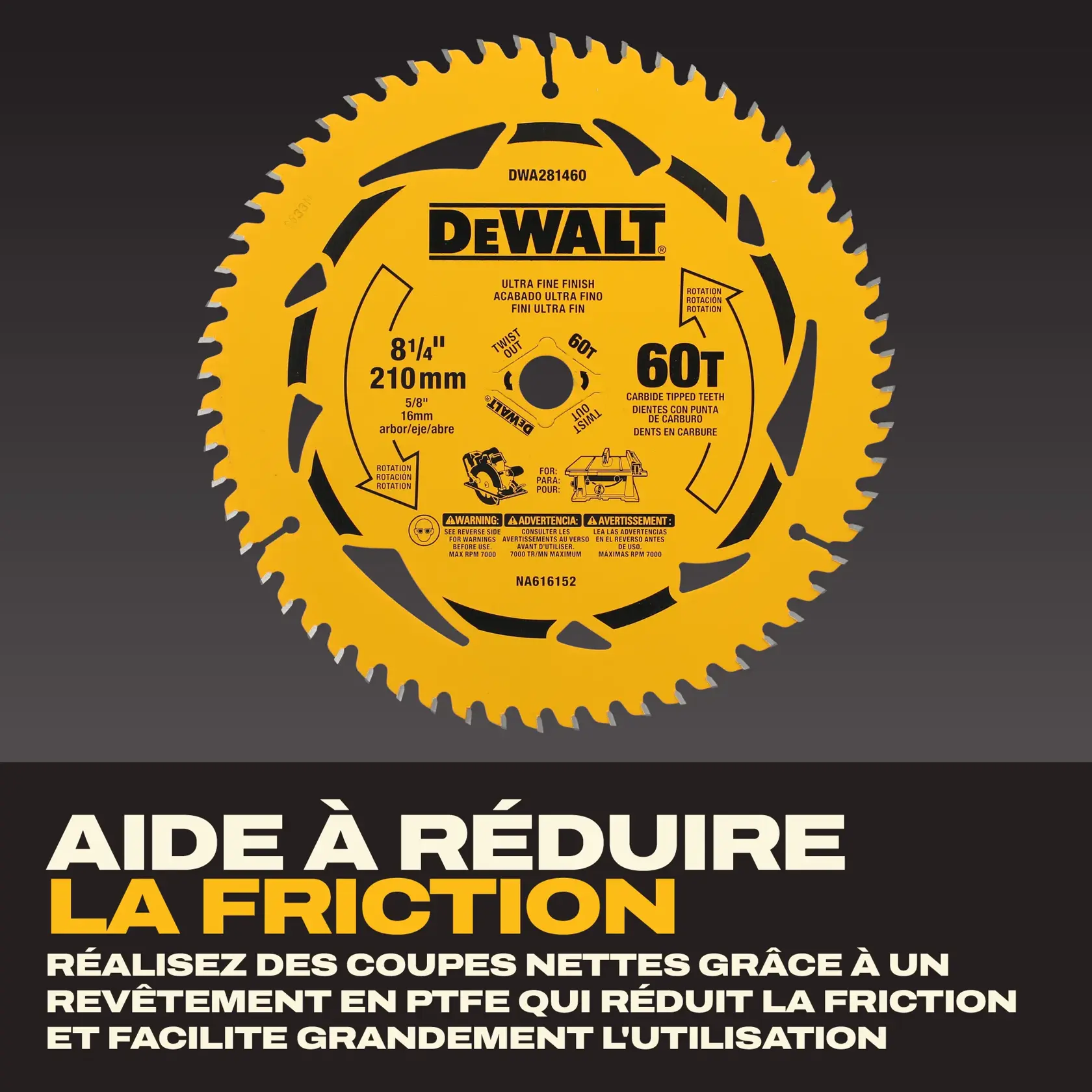 A yellow DEWALT circular saw blade with 60 carbide-tipped teeth, model DWA281460, 8-1/4 inch (210mm) diameter and 5/8 inch (16mm) arbor size. The blade features a PTFE coating for minimizing friction and facilitating smooth cuts, with promotional text emphasizing friction reduction and ease of use.