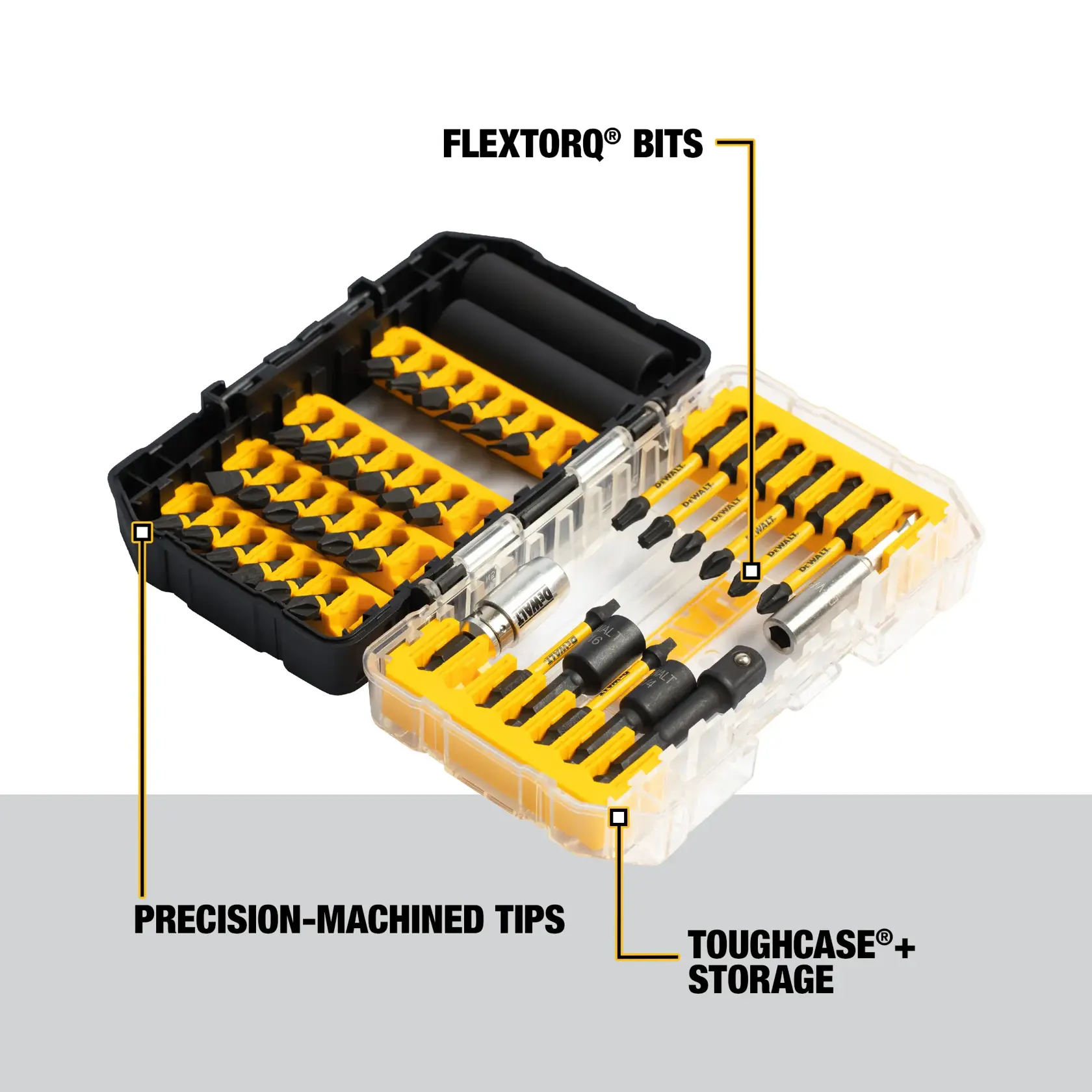DEWALT DWA2NGFT40IR graphics showing an open ToughCase storage box containing various precision-machined FlexTorq bits and accessories organized in yellow trays, with labeled features including FlexTorq bits, precision-machined tips, and ToughCase+ storage.