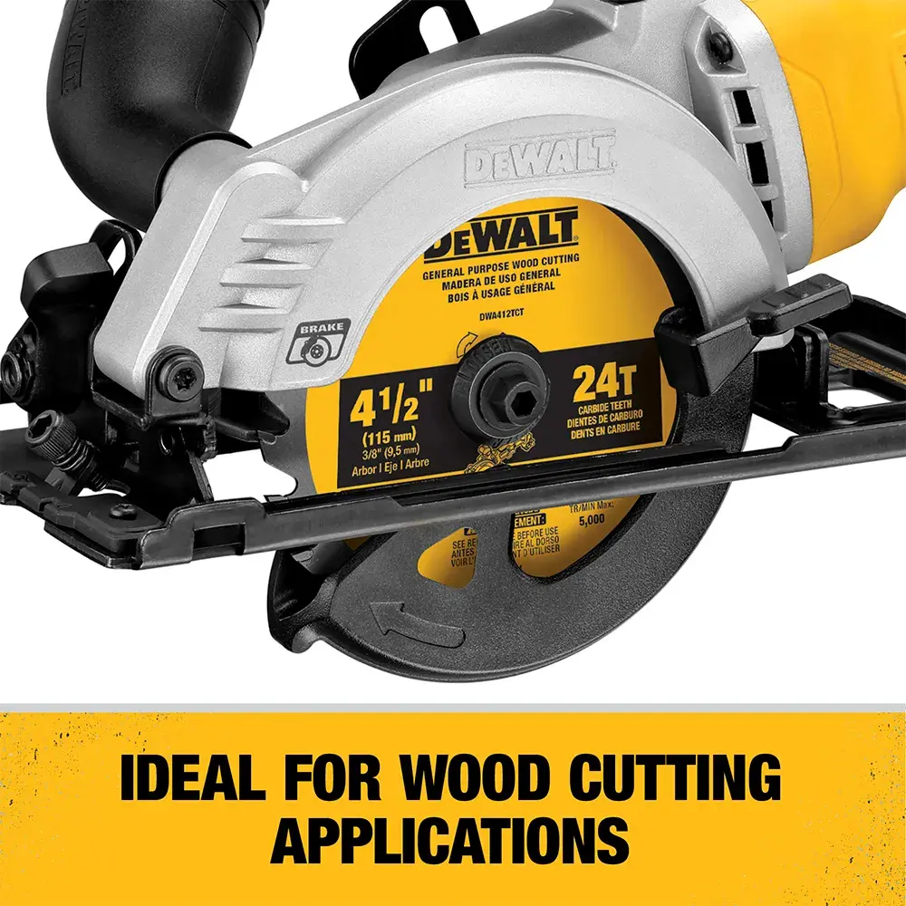 Close-up of a DEWALT circular saw with a blade labeled 4-1/2 inches and 24 teeth, shown above a yellow sign that reads 'Ideal for wood cutting applications'.